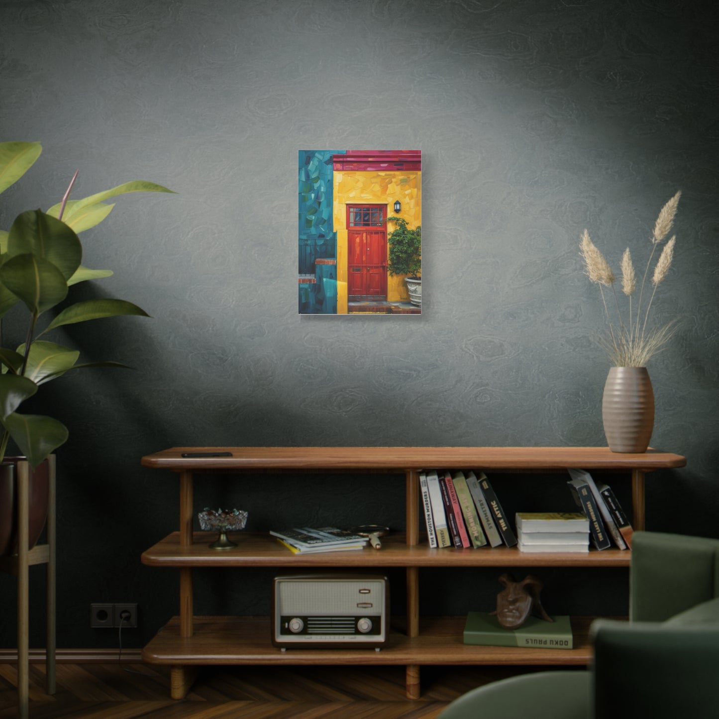 Colorful Doorway Canvas Wall Art — Vibrant Yellow & Teal Street Scene, Matte Stretched Print