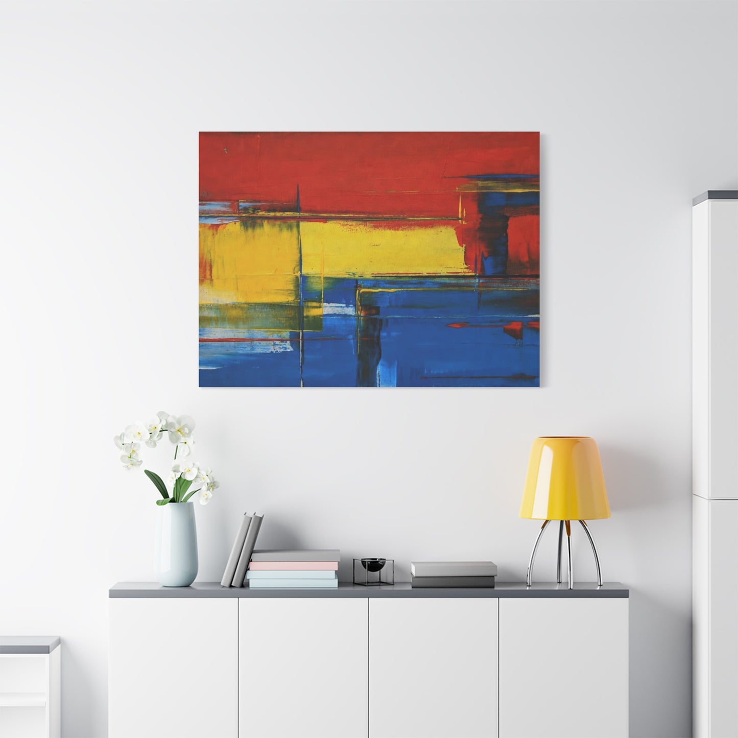 Abstract Color Block Matte Canvas Wall Art — Red, Yellow & Blue Stretched Canvas