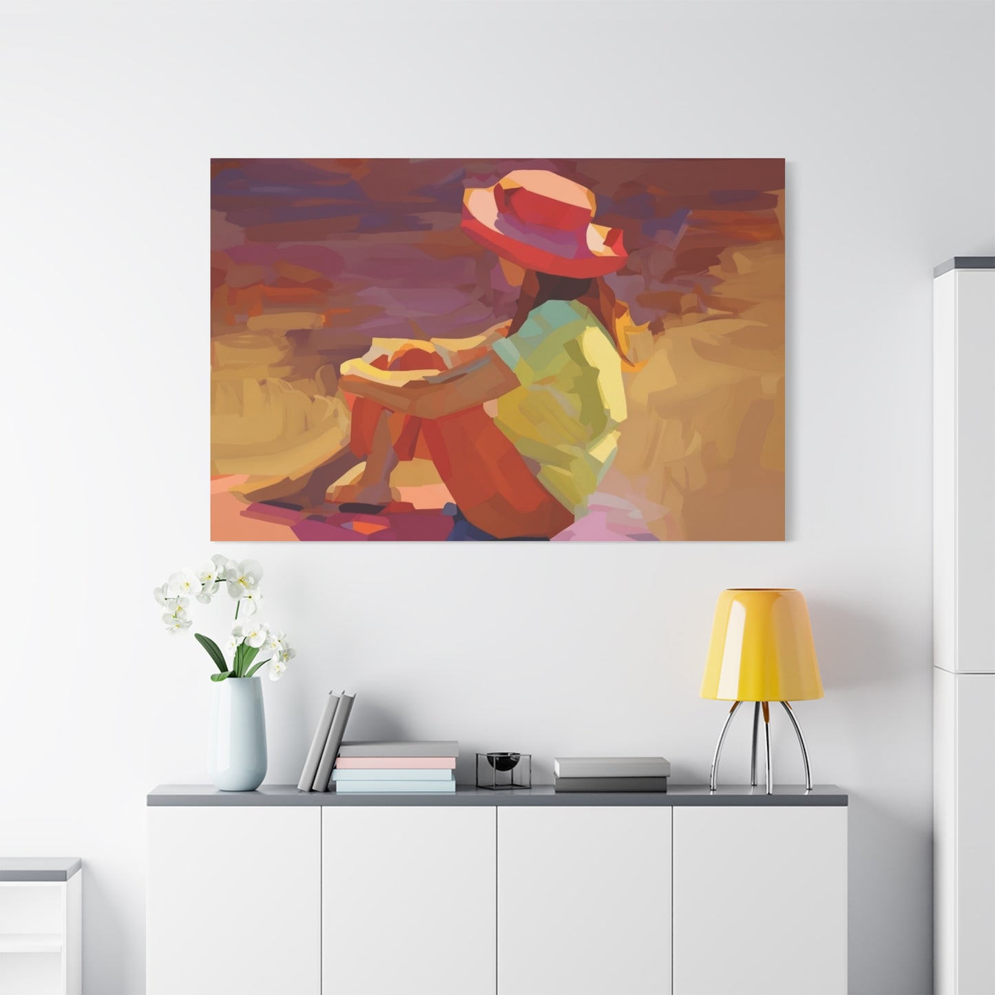 Sunset Daydream Canvas Art — Girl in Hat Matte Stretched Wall Art