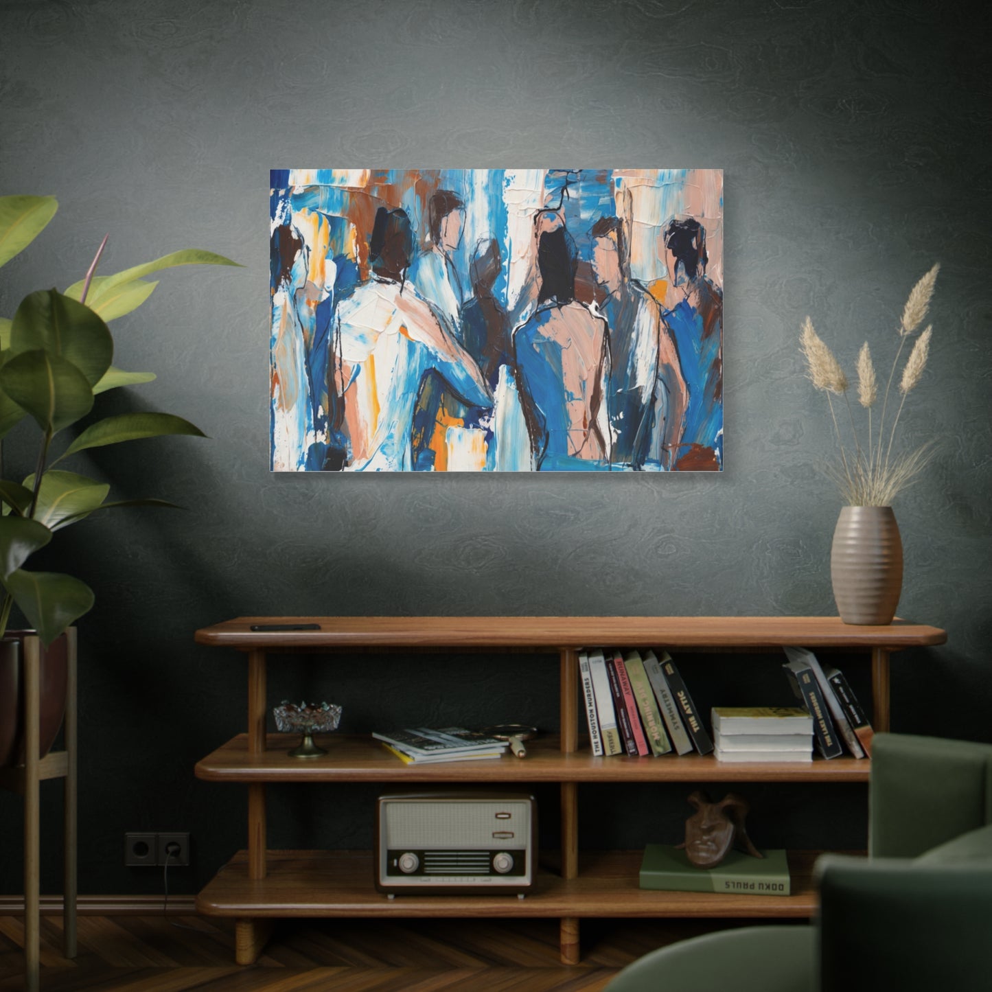 Abstract Figurative Canvas Art — Blue Social Scene Matte Stretched Canvas