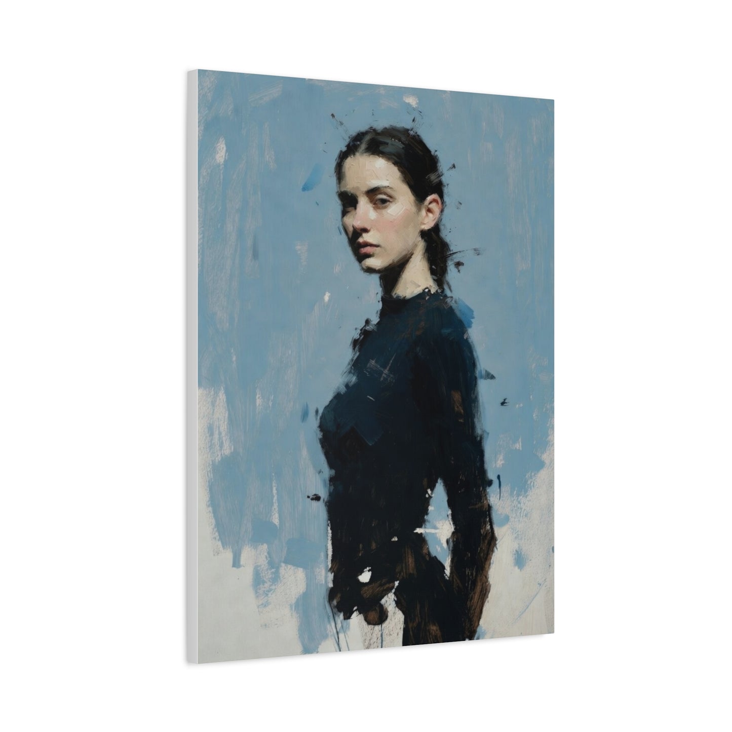 Matte Stretched Canvas Print — Portrait of a Young Woman, Moody Blue Figurative Art