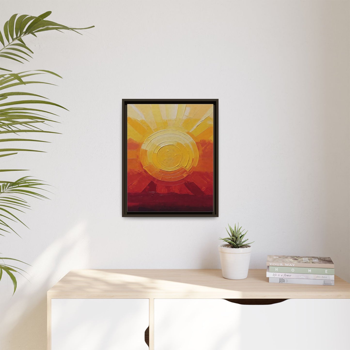 Sunburst Abstract Framed Canvas Art — Matte Multi‑Color Wall Print