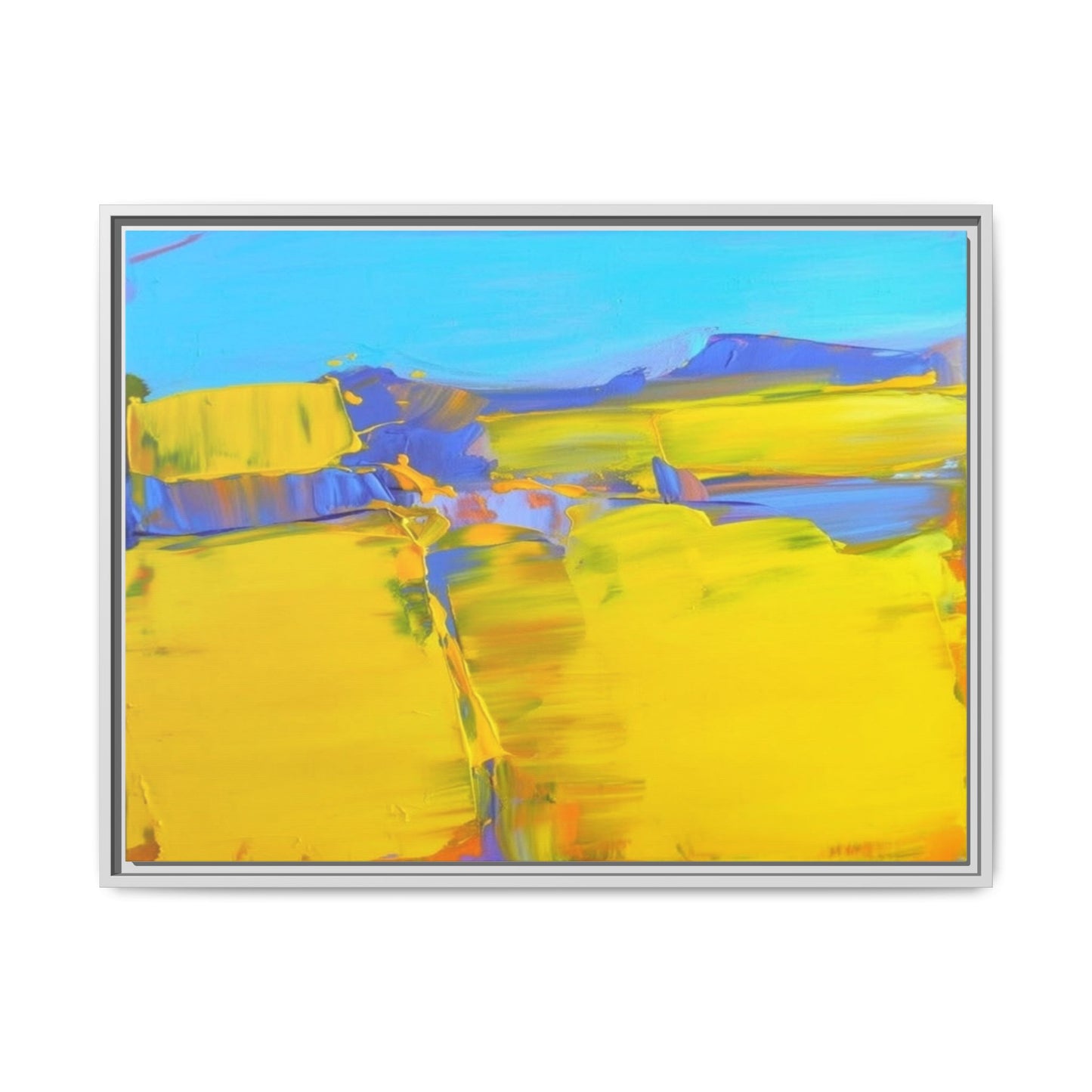 Framed Matte Canvas  Vibrant Yellow Blue Abstract Landscape Art