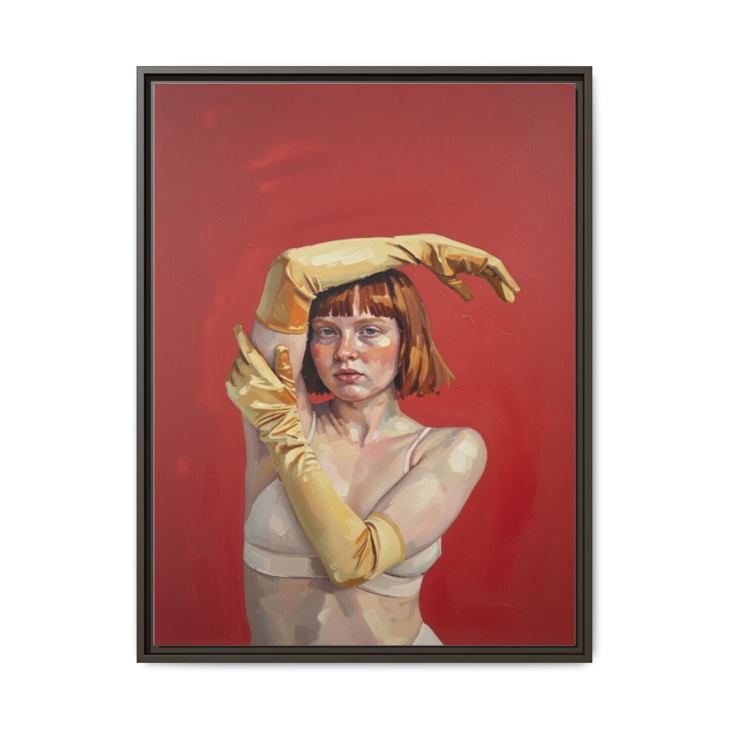 Framed Matte Canvas Art - Portrait of Woman in Yellow Gloves (Red Background)