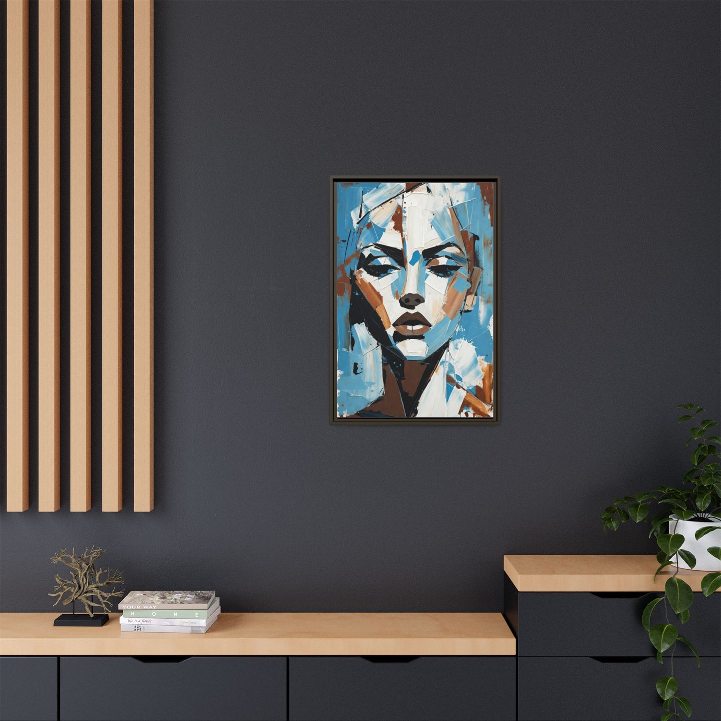 Abstract Blue Face Matte Canvas Wall Art — Framed Modern Portrait Print