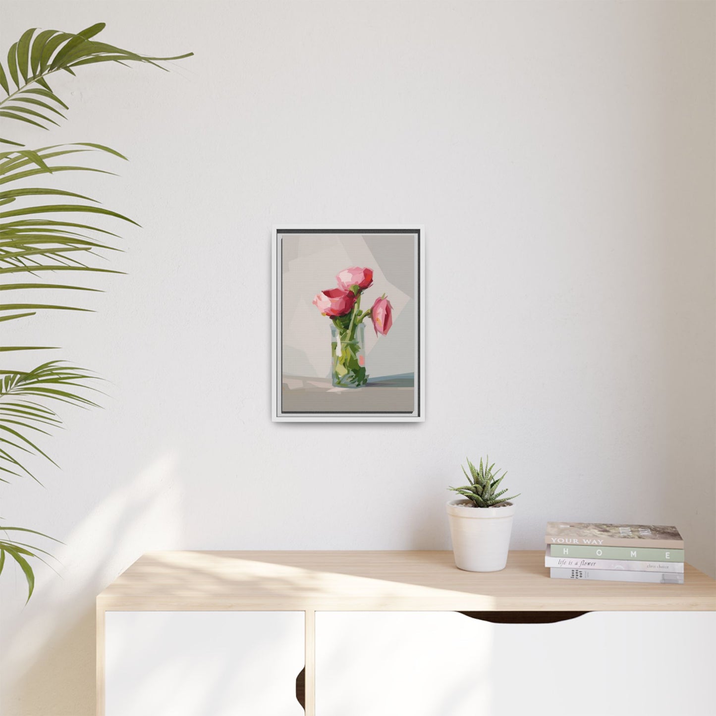 Framed Canvas Art — Pink Roses in Vase, Modern Floral Wall Print
