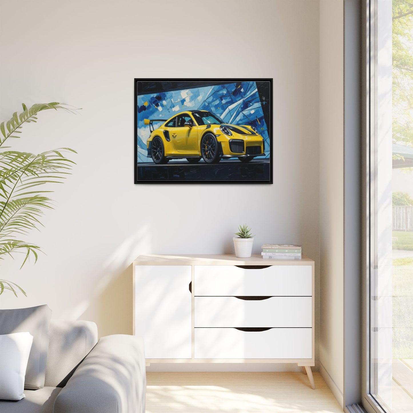 Yellow Porsche Sports Car Matte Framed Canvas – Modern Automotive Wall Art