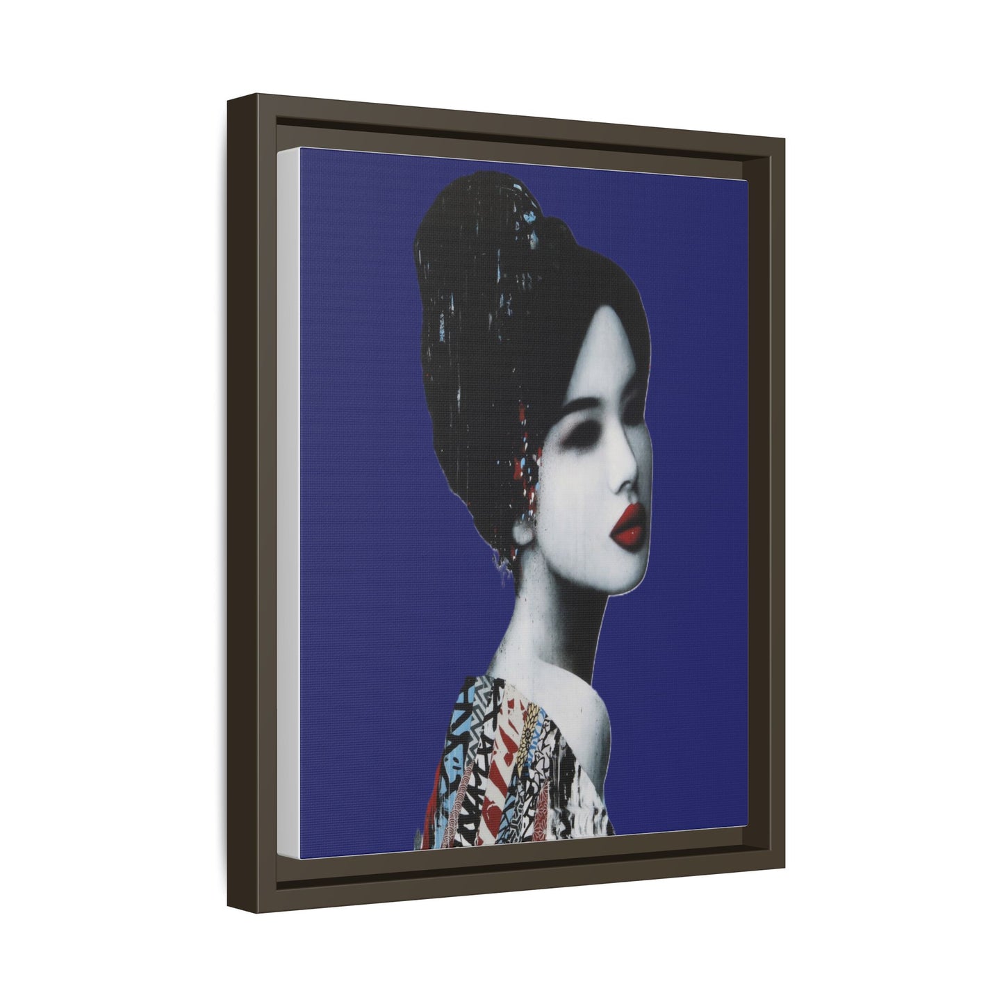 Framed Matte Canvas Art — Elegant Geisha Portrait on Deep Blue