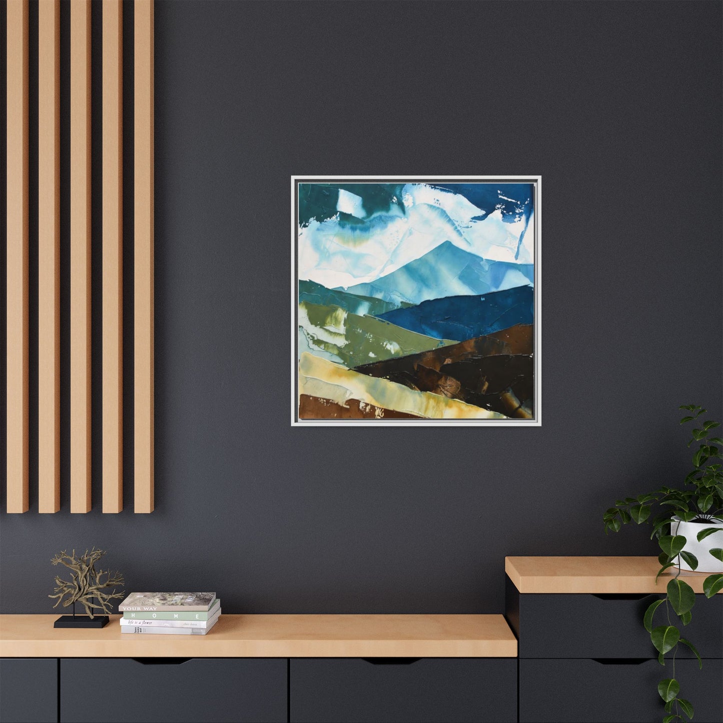 Framed Abstract Mountain Canvas Art — Blue & Earthtone Landscape Print
