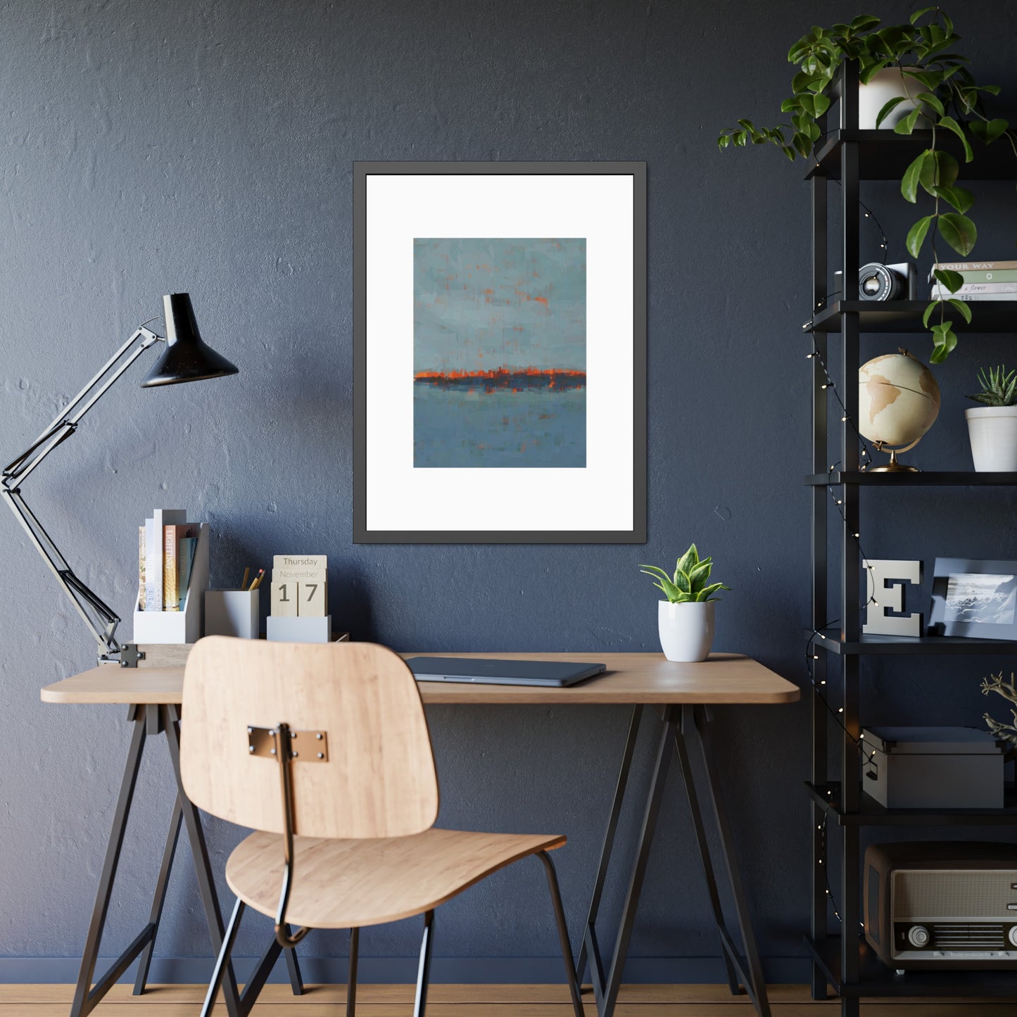 Abstract Seaside Framed Poster — Blue & Copper Minimalist Wall Art