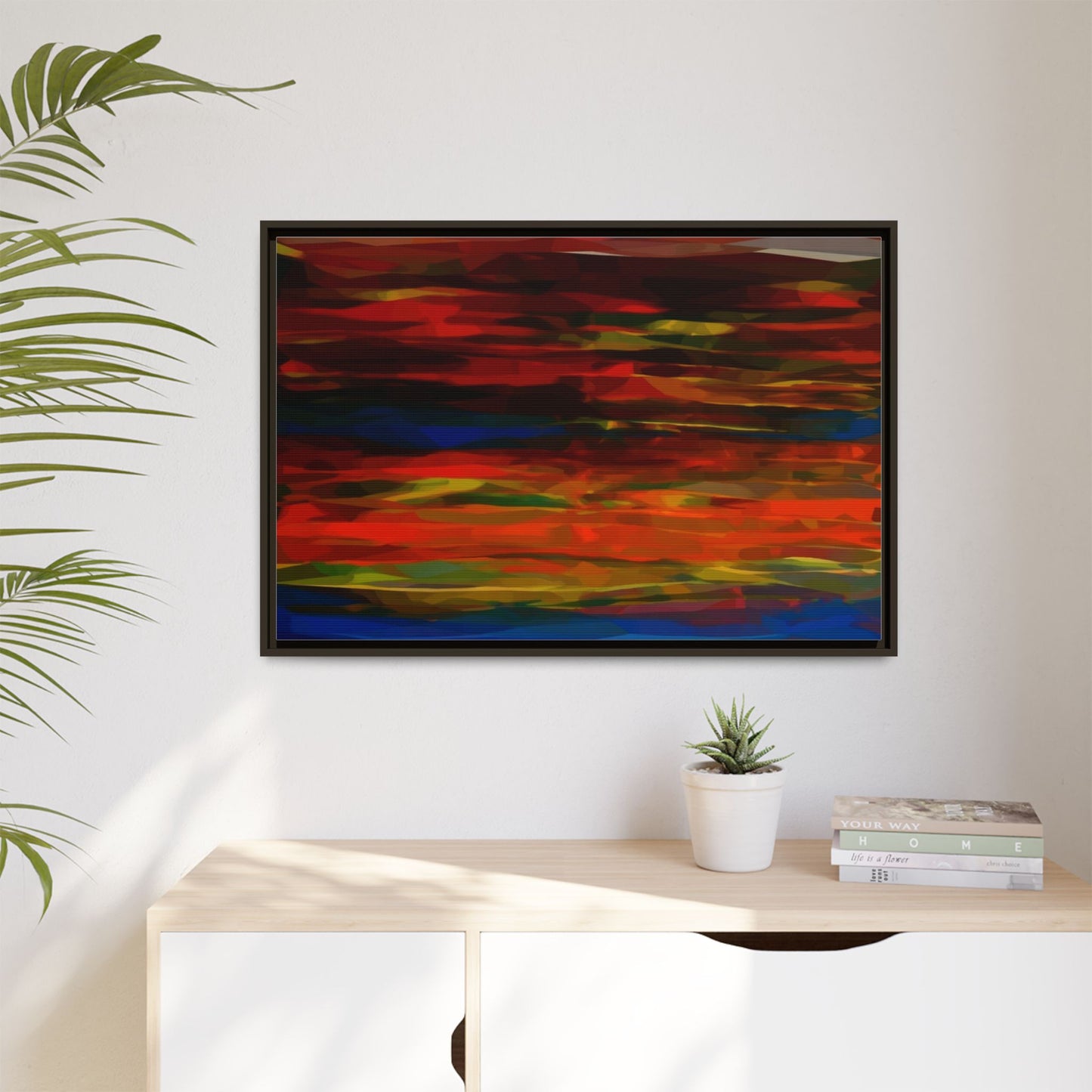 Abstract Multi-Color Matte Canvas Framed Wall Art — Bold Red & Blue Modern Painting