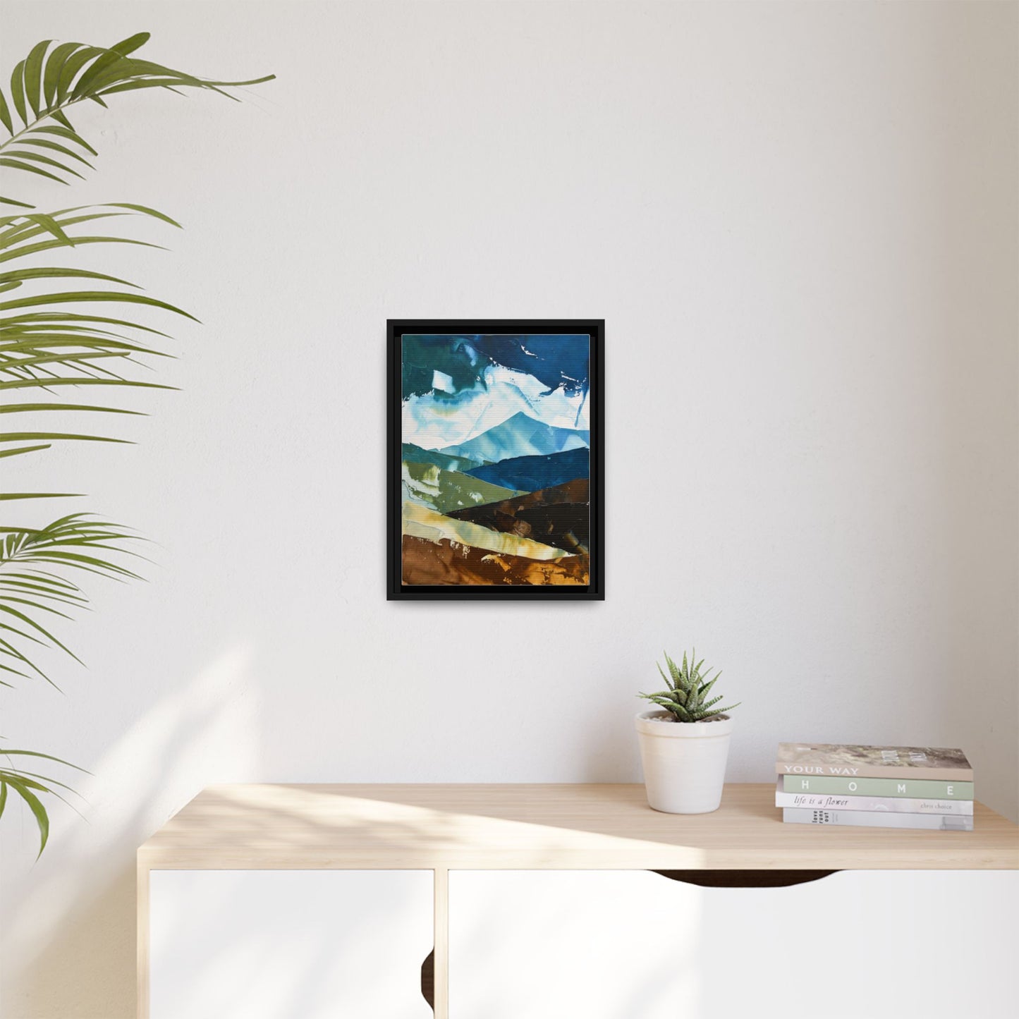 Framed Abstract Mountain Canvas Art — Blue & Earthtone Landscape Print
