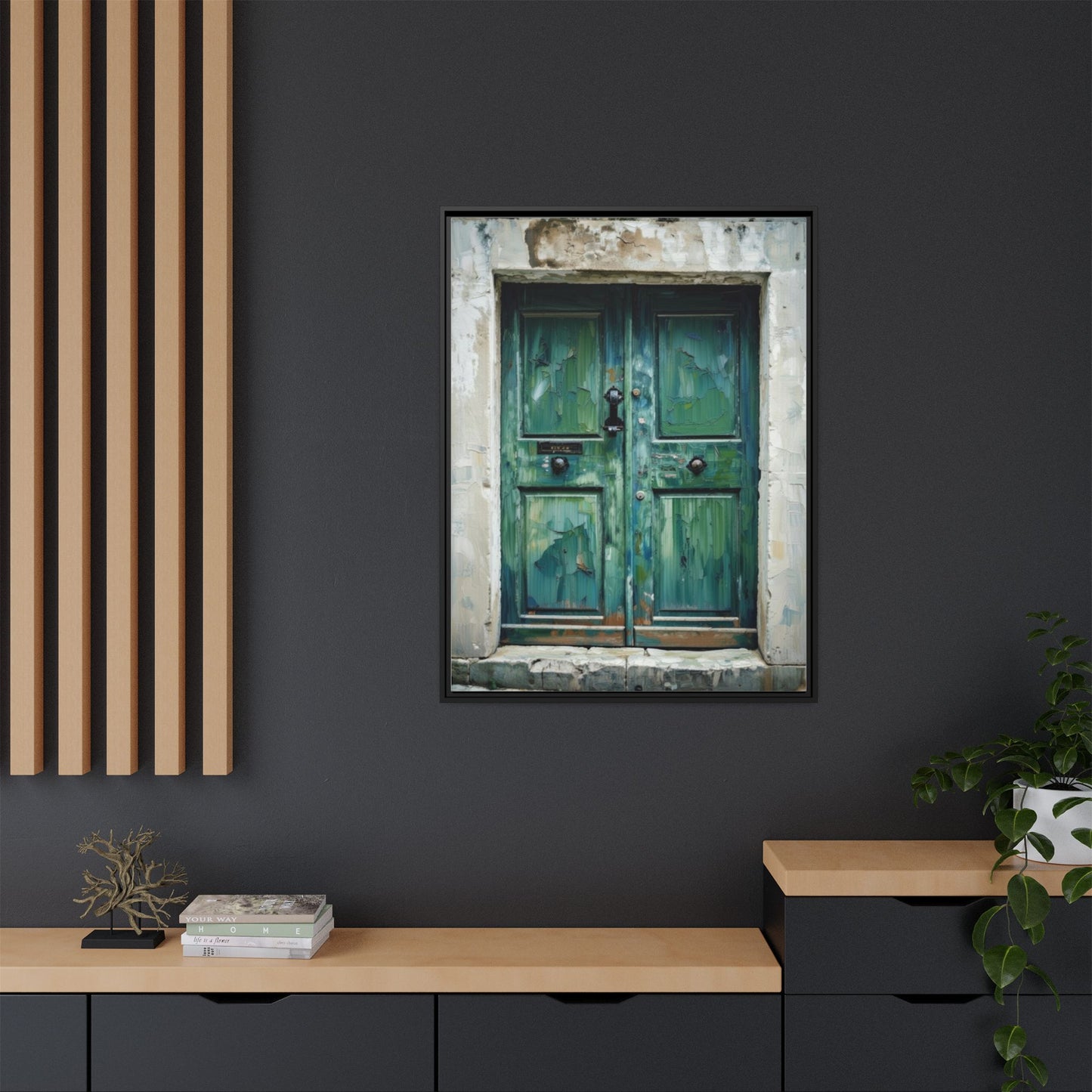 Framed Matte Canvas Art — Weathered Green Door Wall Print