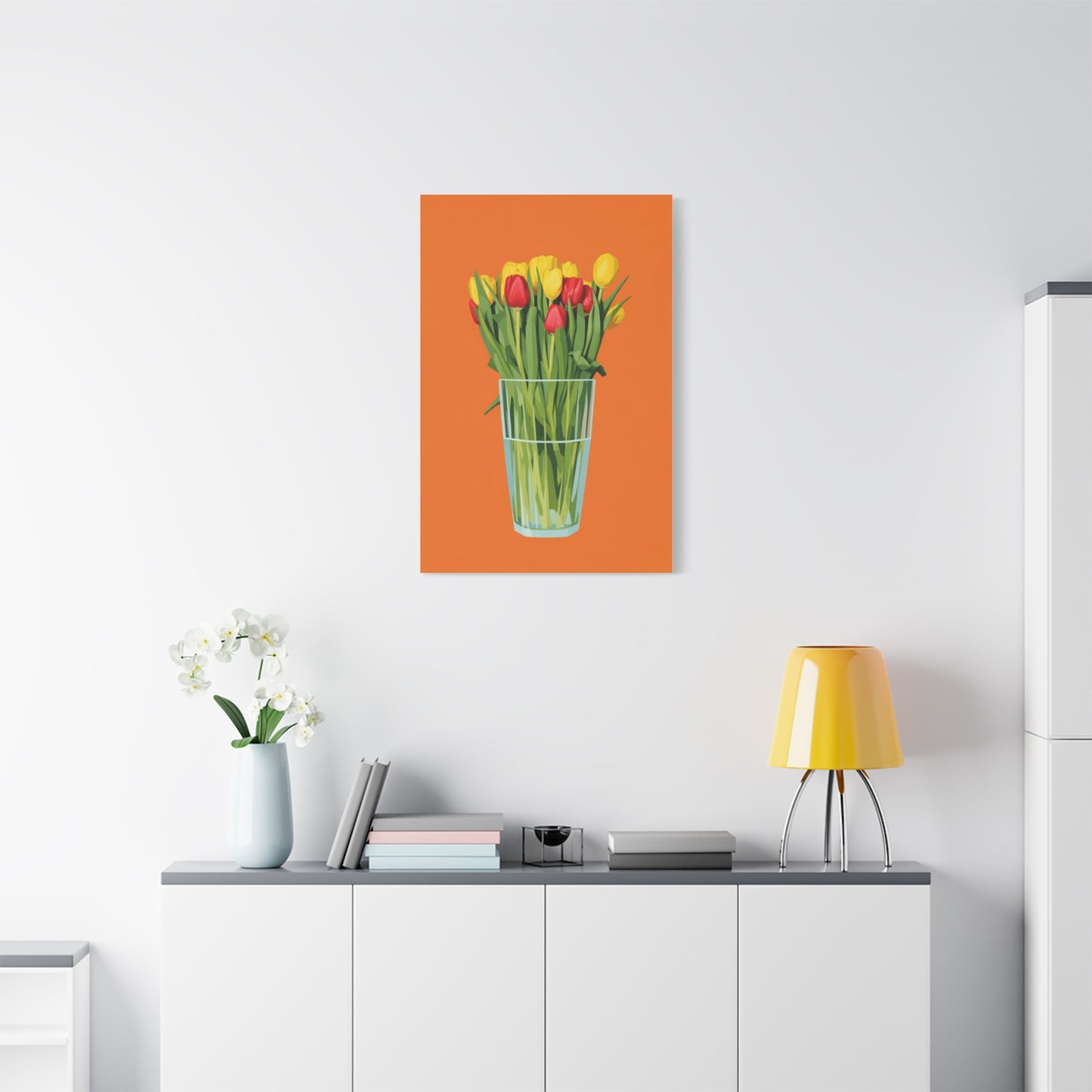 Tulip Bouquet Canvas Wall Art – Glass Vase on Orange