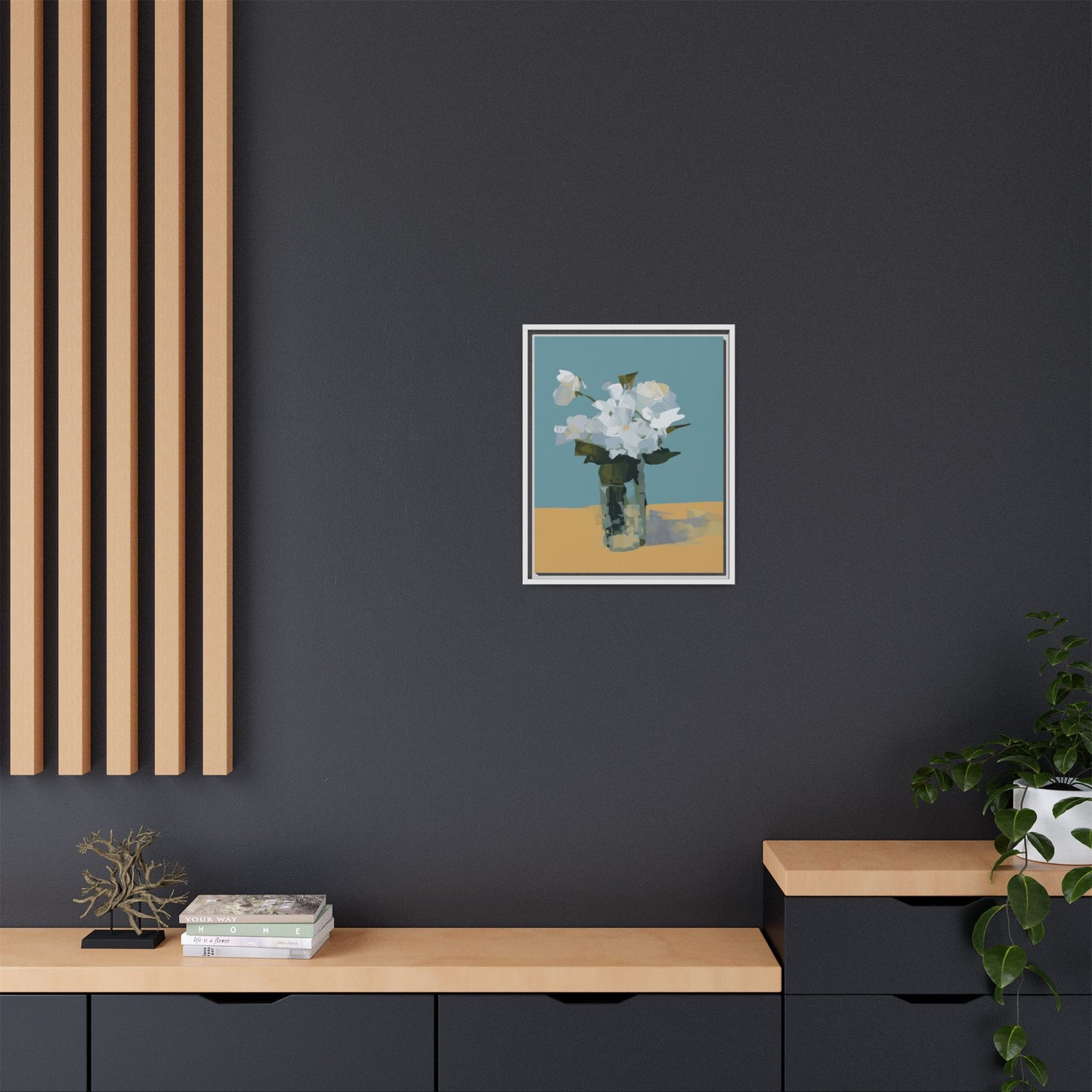 Framed Floral Still Life Canvas Art — Modern White Bouquet Wall Art