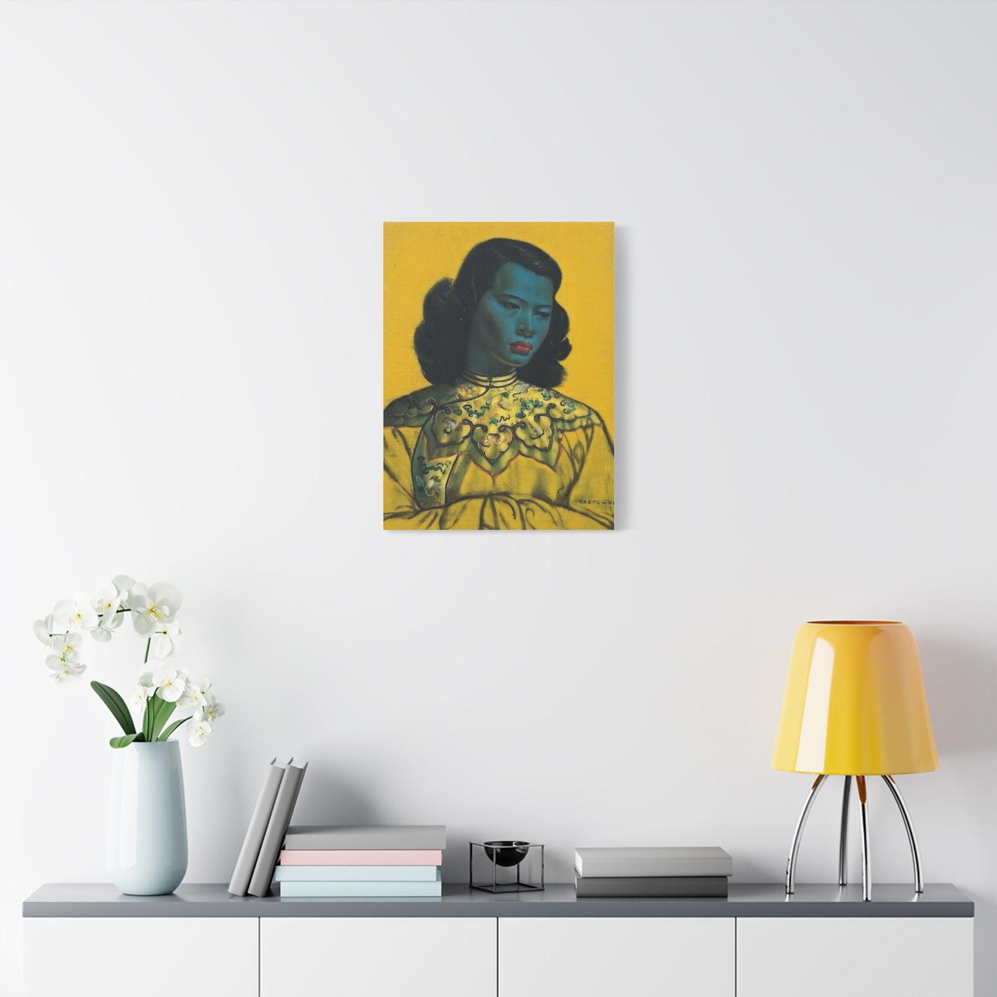 Vintage Portrait Canvas Print — Mid-Century Asian Woman Art on Yellow Background