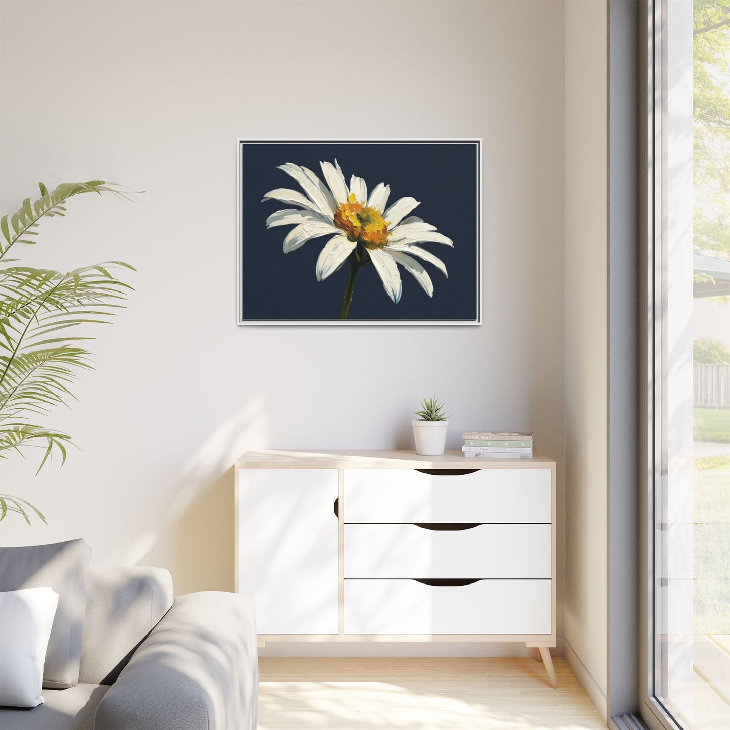Framed Matte Canvas Daisy Wall Art — White Floral Painting on Navy
