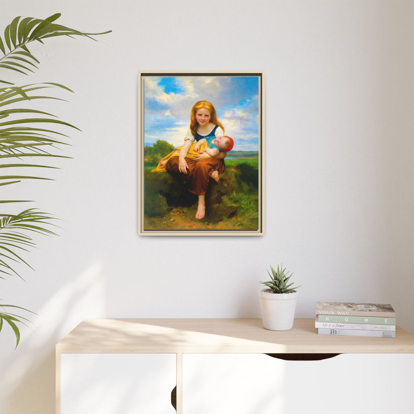 Young Girl Holding Sleeping Baby Canvas Print, Framed Wall Art