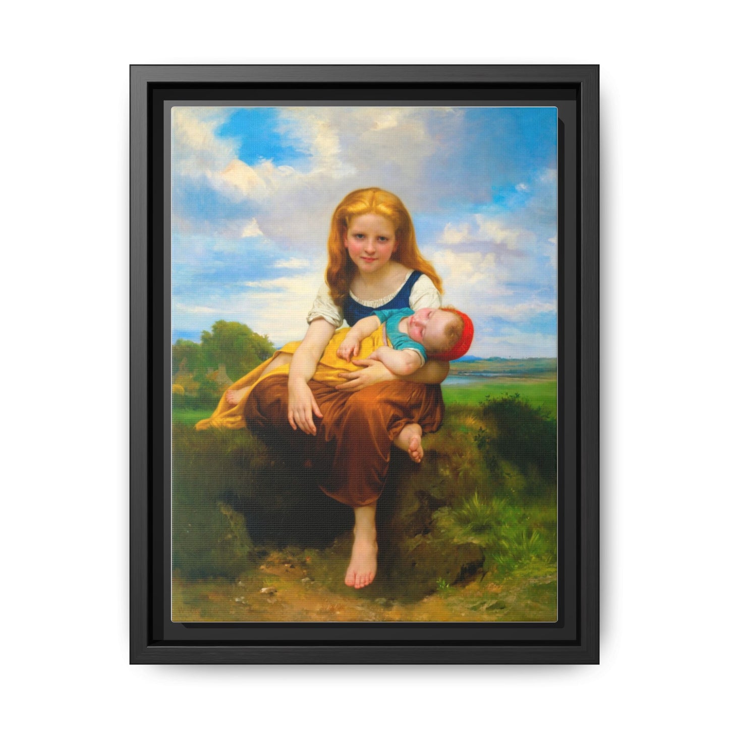 Young Girl Holding Sleeping Baby Canvas Print, Framed Wall Art