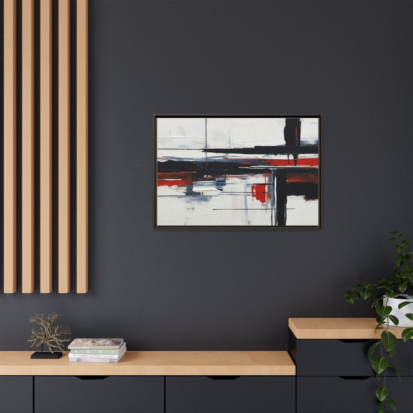 Abstract Red & Black Framed Canvas Art — Modern Matte Wall Painting