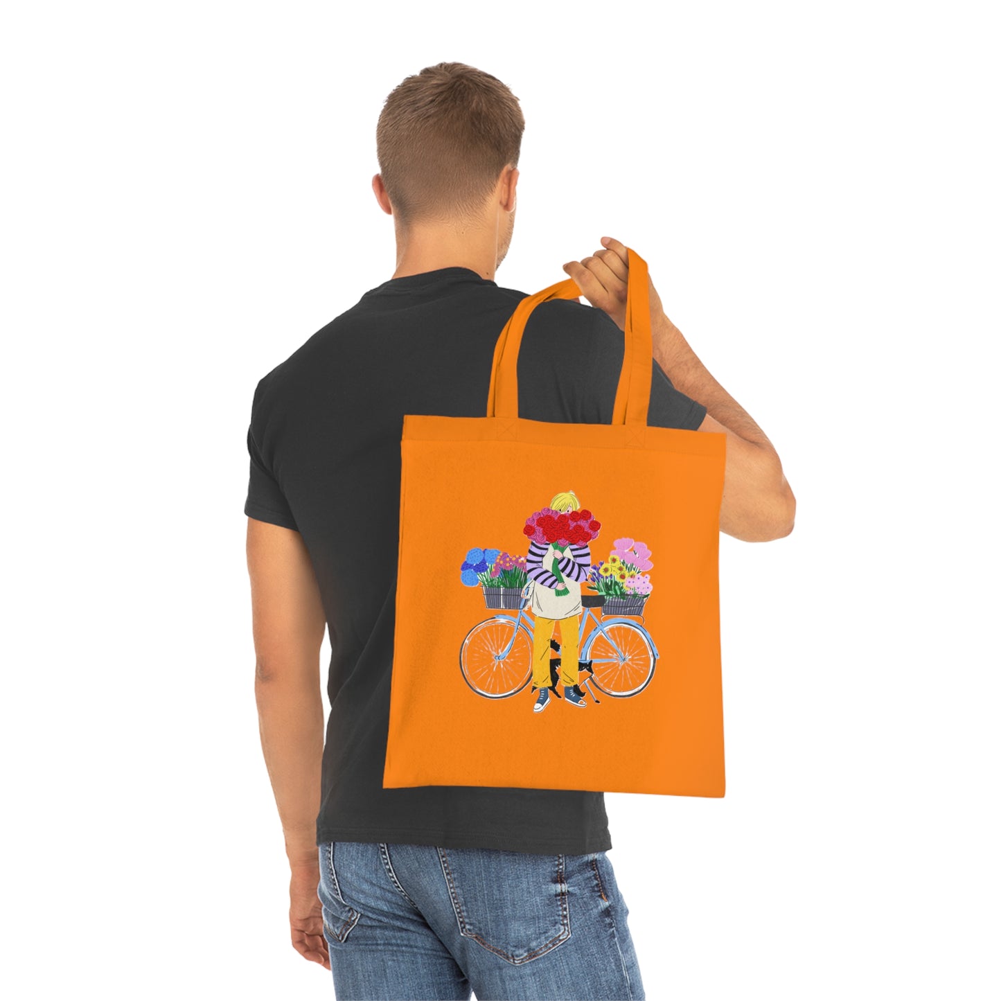Floral Bike Tote Bag — Cotton Market Tote with Colorful Flower Bicycle Design