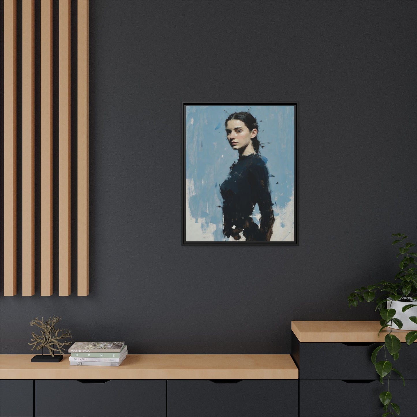 Framed Matte Canvas Portrait Print — Elegant Blue Woman Art