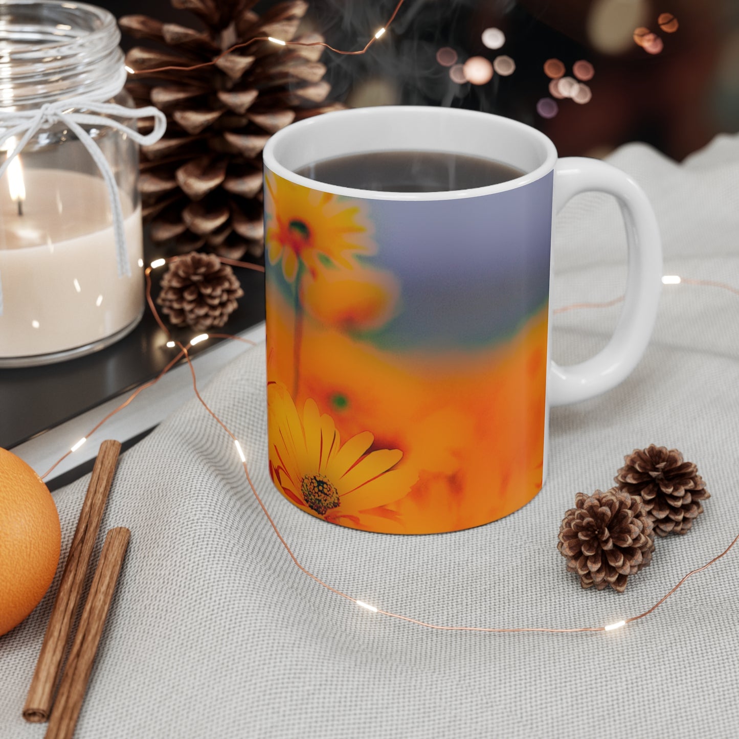 Sunshine Daisies Ceramic Mug — Vibrant Orange Floral Coffee Cup