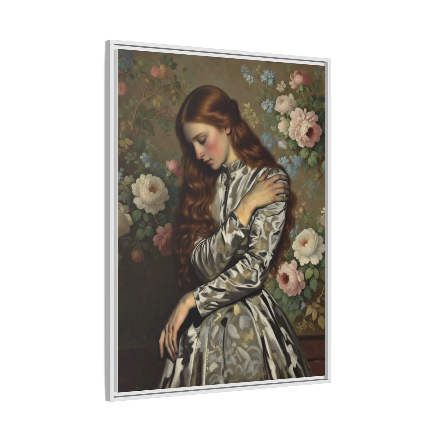 Framed Matte Canvas Art — Vintage Floral Portrait of a Young Woman