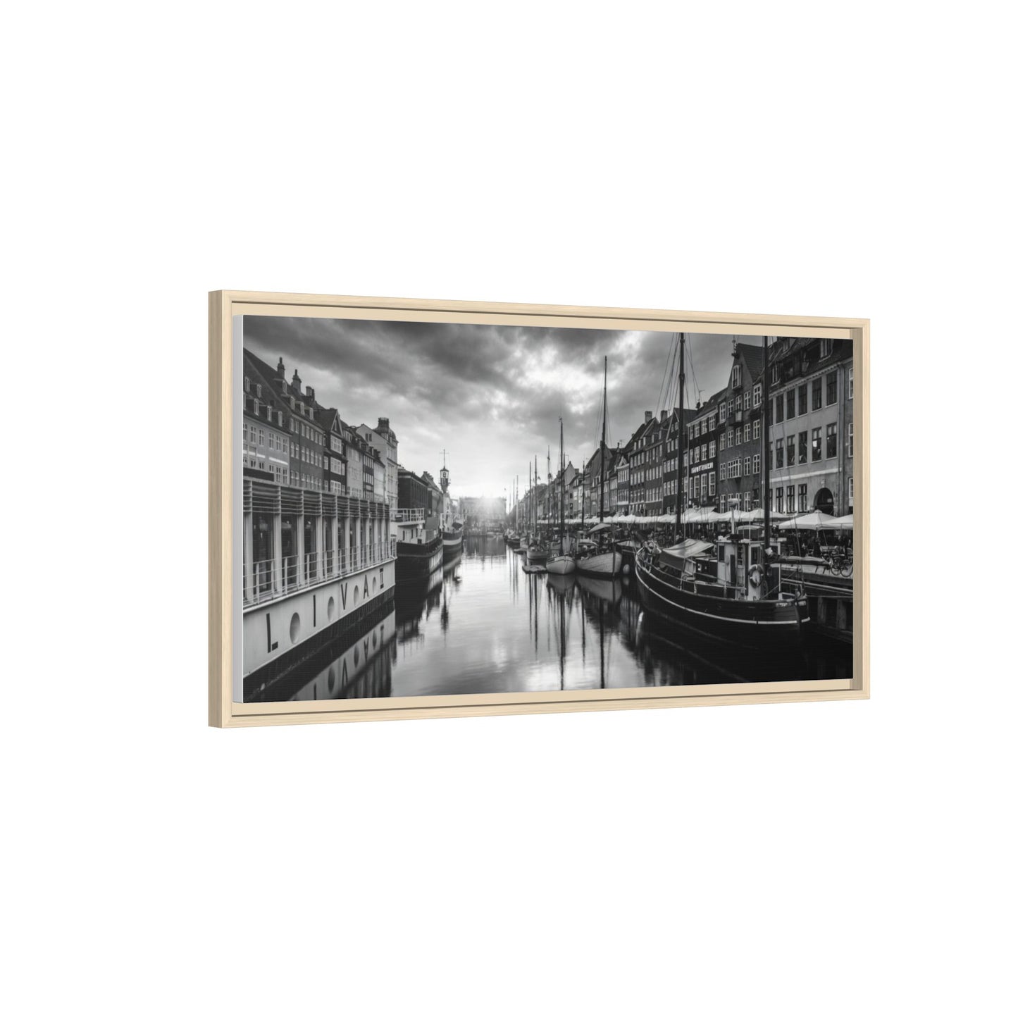 Framed Matte Canvas: Black & White Dutch Canal Photography Wall Art