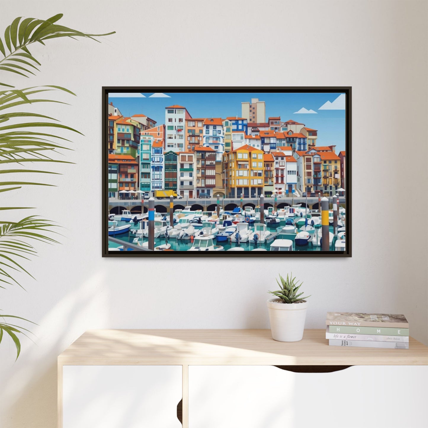 Framed Matte Canvas Print — Colorful Mediterranean Harbor Illustration