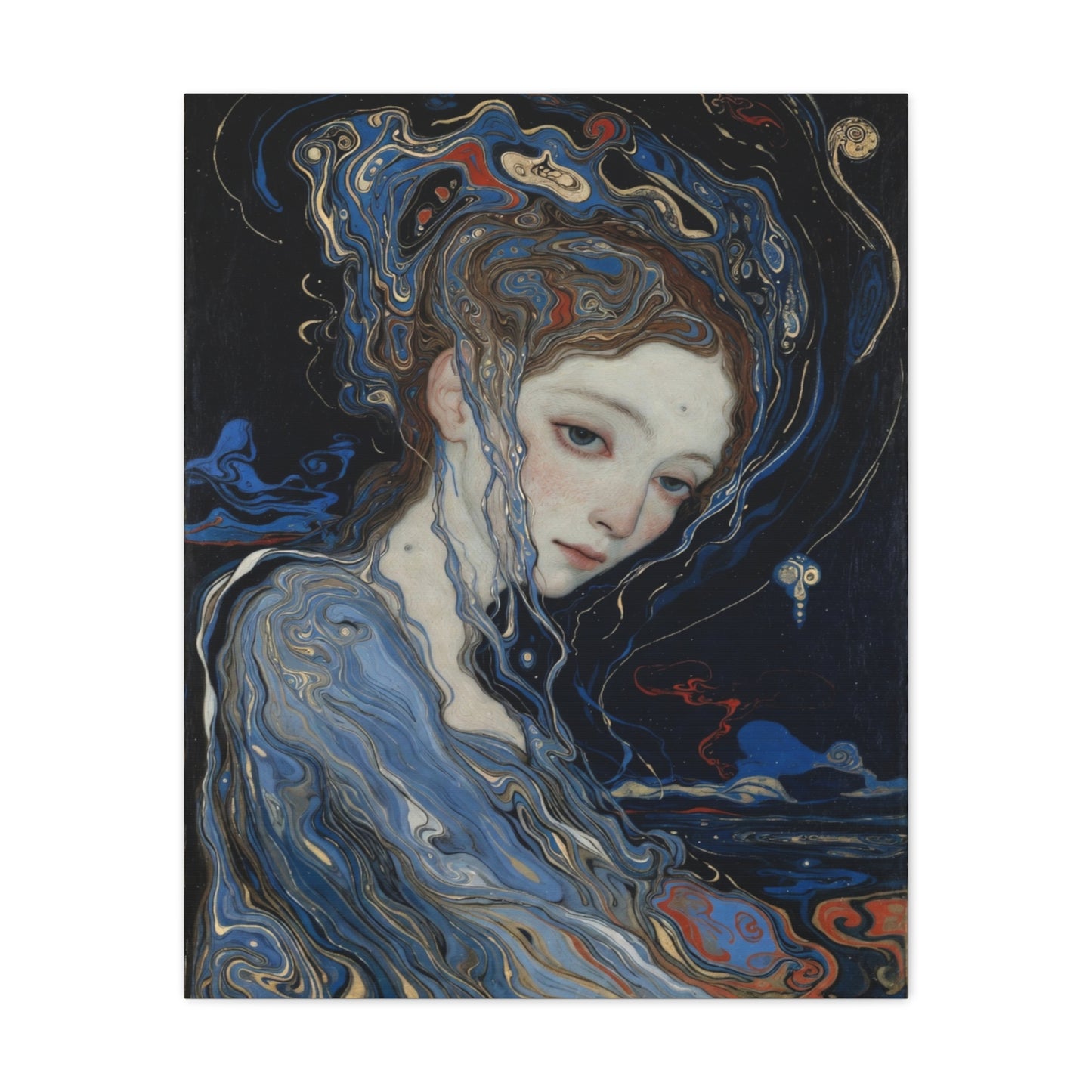 Ethereal Siren Matte Canvas Wall Art — Surreal Blue Portrait, Stretched 1.25"