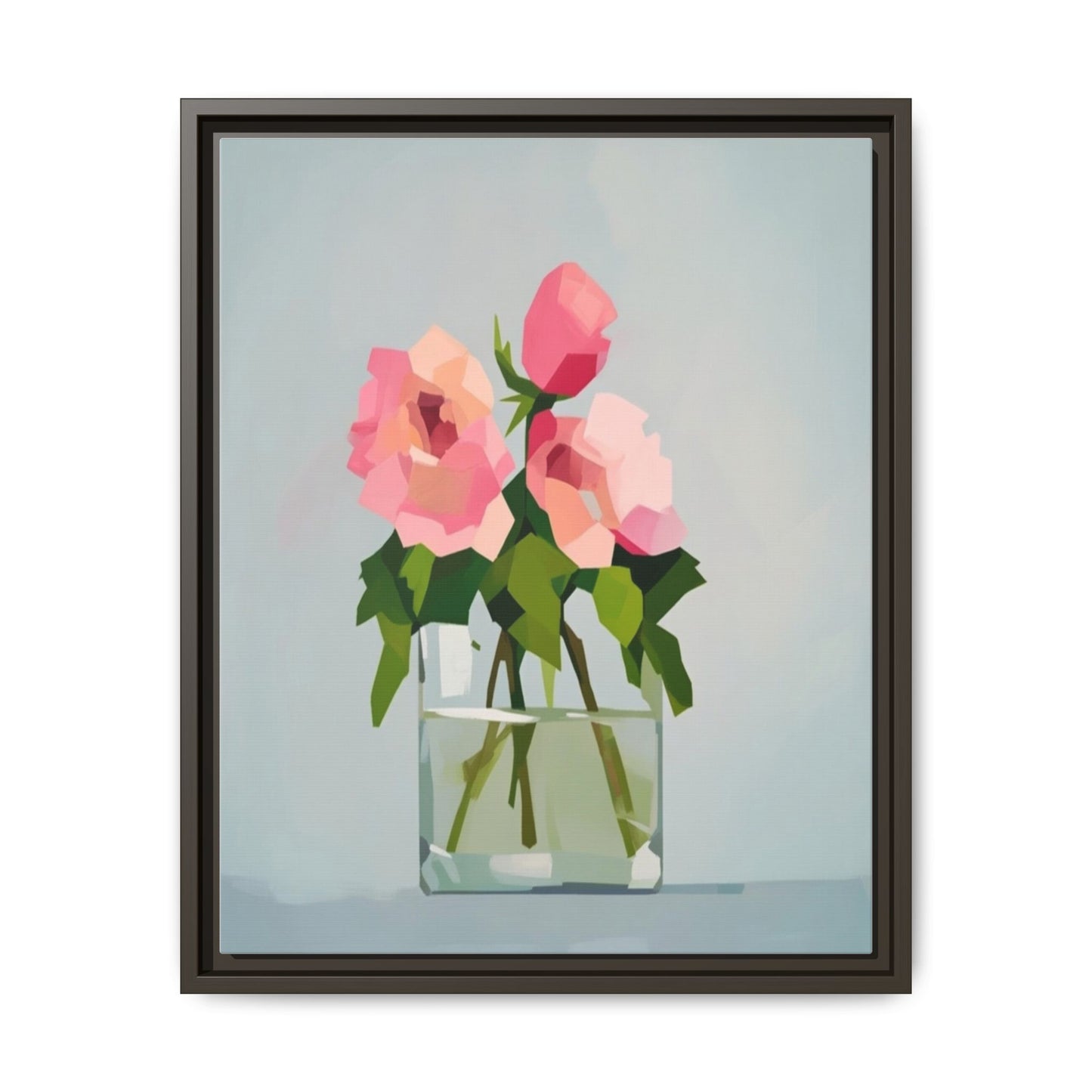 Framed Floral Canvas Print — Pink Roses in Glass Vase (Matte)