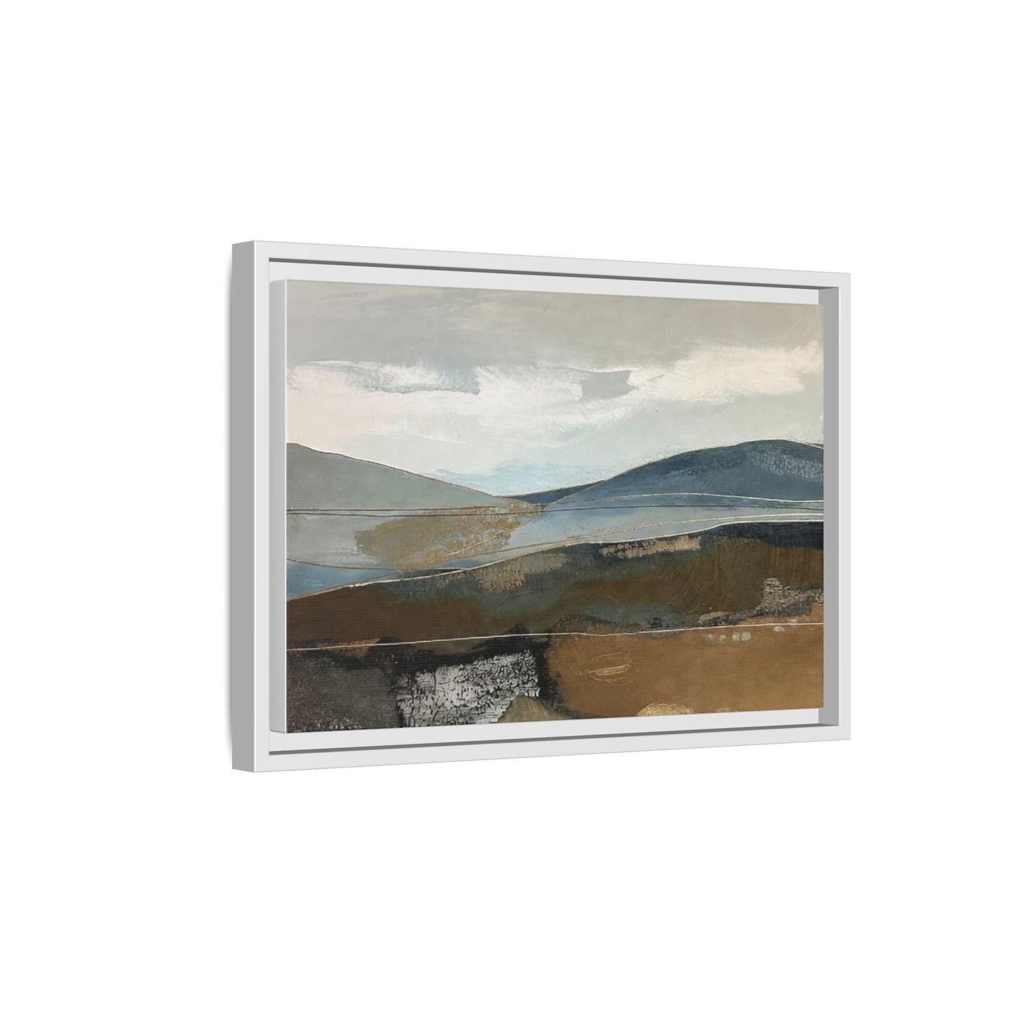 Framed Matte Canvas Landscape Art - Serene Abstract Hills in Blue & Earth Tones
