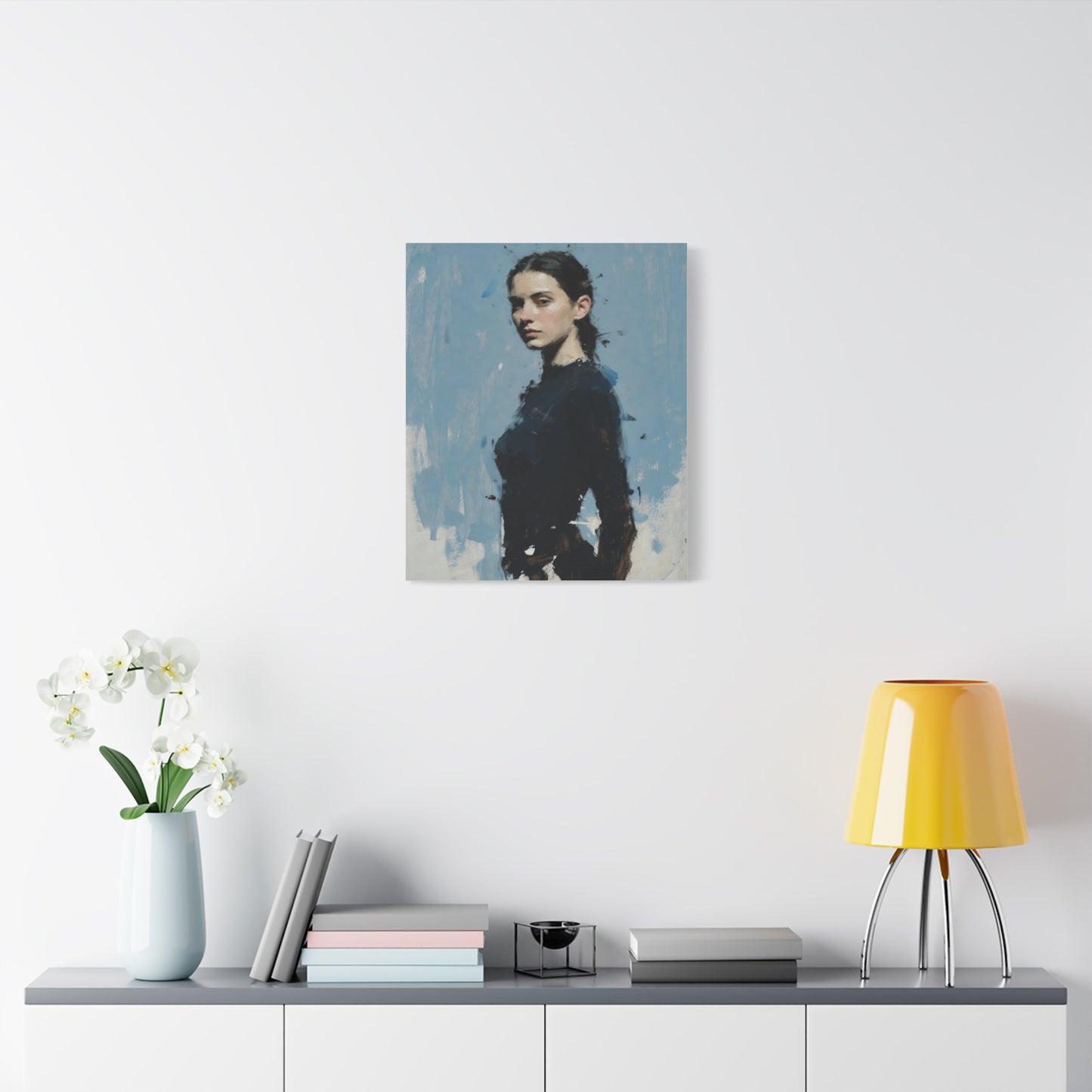 Matte Stretched Canvas Print — Portrait of a Young Woman, Moody Blue Figurative Art