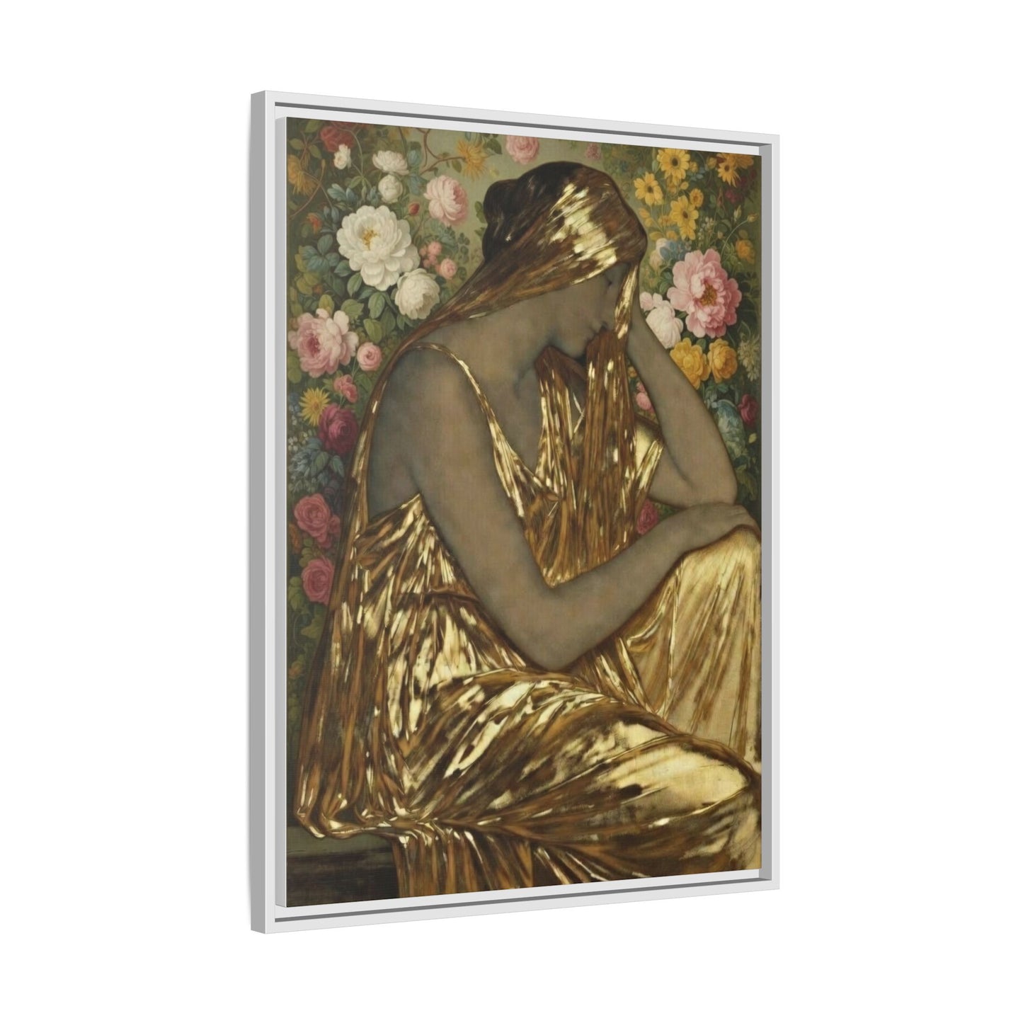 Framed Canvas Art Print — Golden Muse Woman with Floral Background