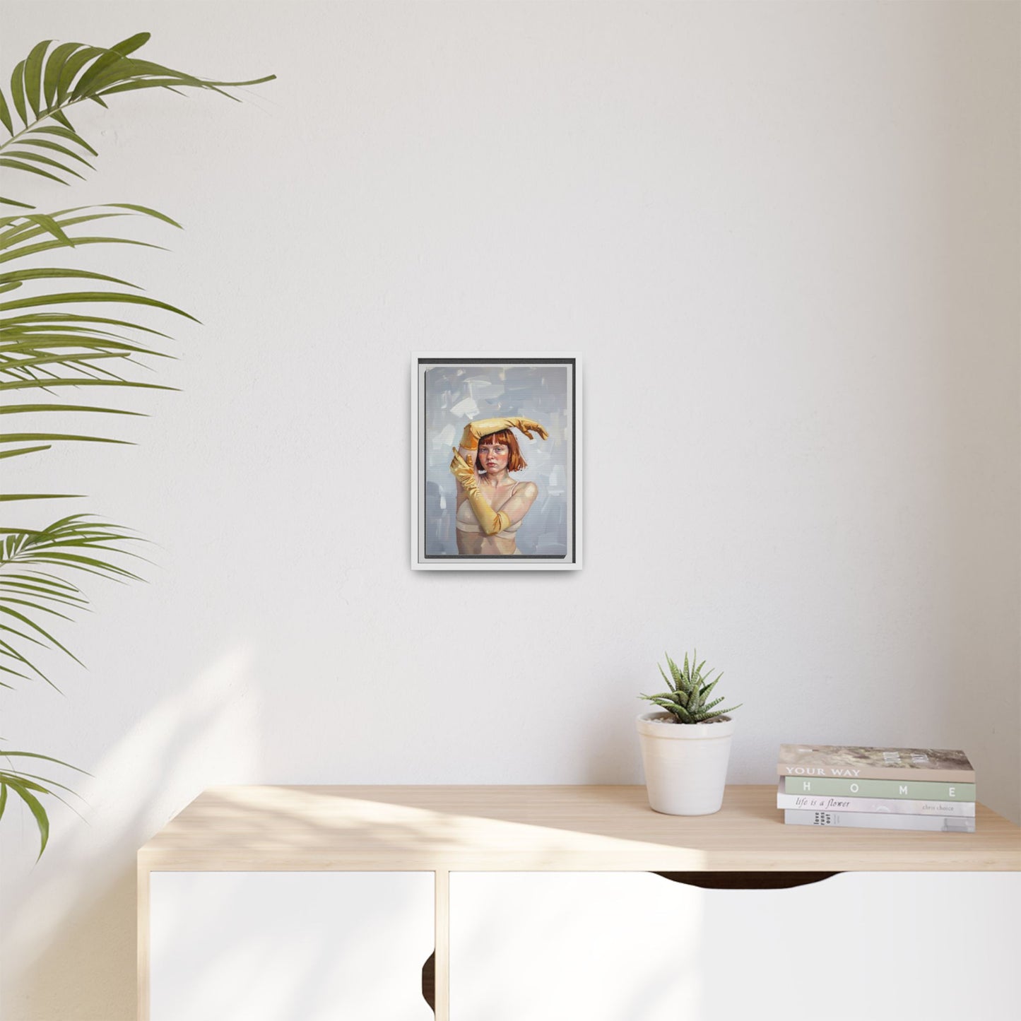 Contemporary Portrait Canvas Print — Woman with Yellow Gloves (Framed Matte)