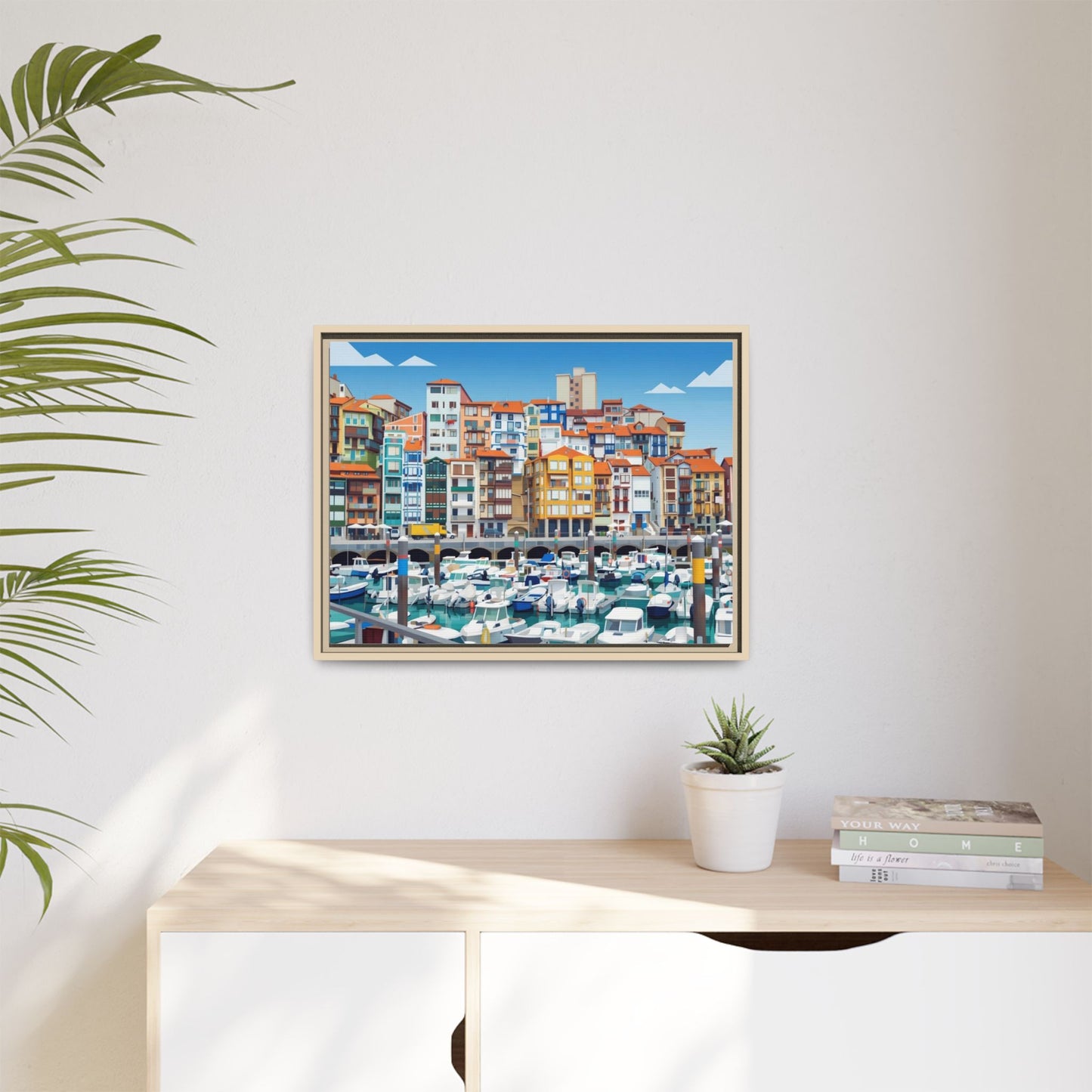 Framed Matte Canvas Print — Colorful Mediterranean Harbor Illustration