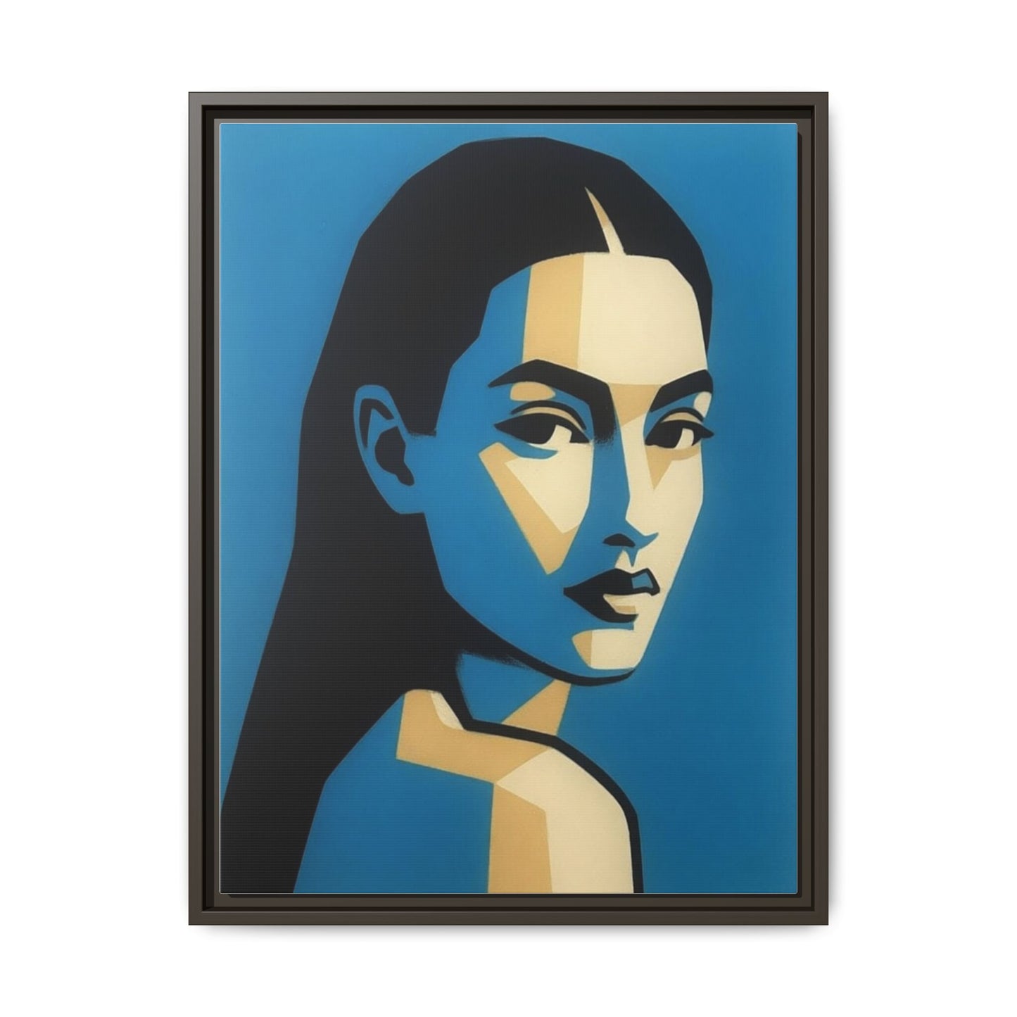 Framed Pop Art Portrait Canvas — Blue Geometric Woman Print
