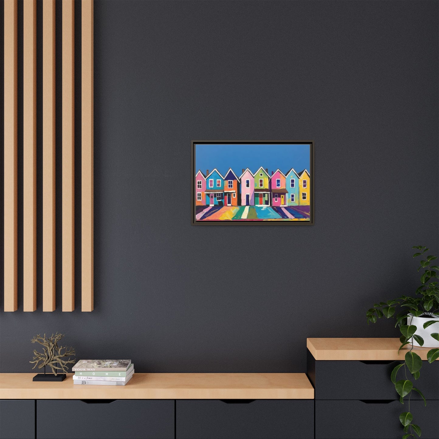 Colorful Beach Houses Matte Canvas Framed Wall Art