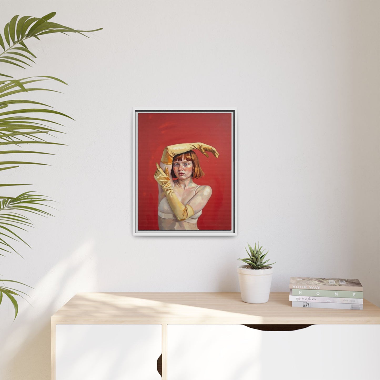 Framed Matte Canvas Art - Portrait of Woman in Yellow Gloves (Red Background)