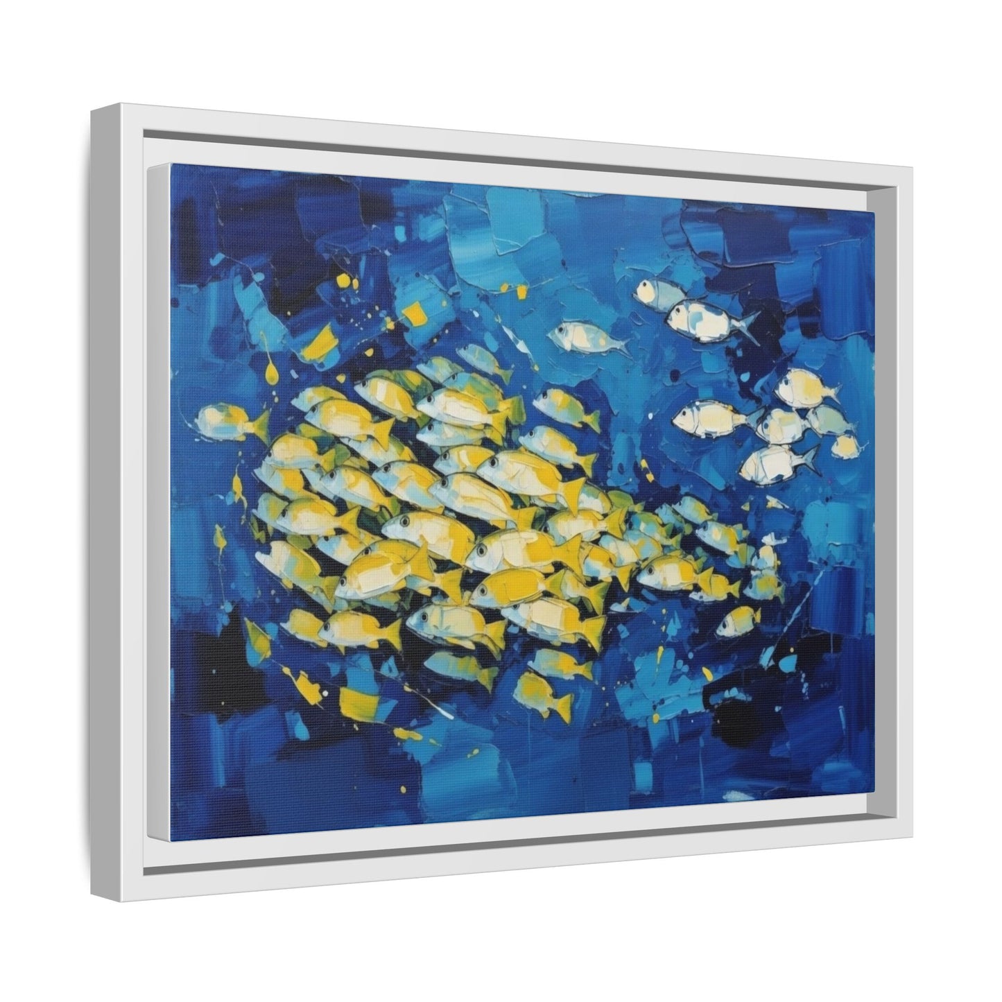 Framed Matte Canvas: Blue School of Fish Wall Art