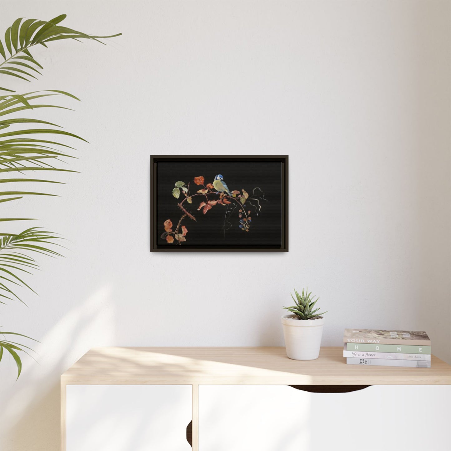 Framed Matte Canvas - Blue Tit on Autumn Branch Wall Art