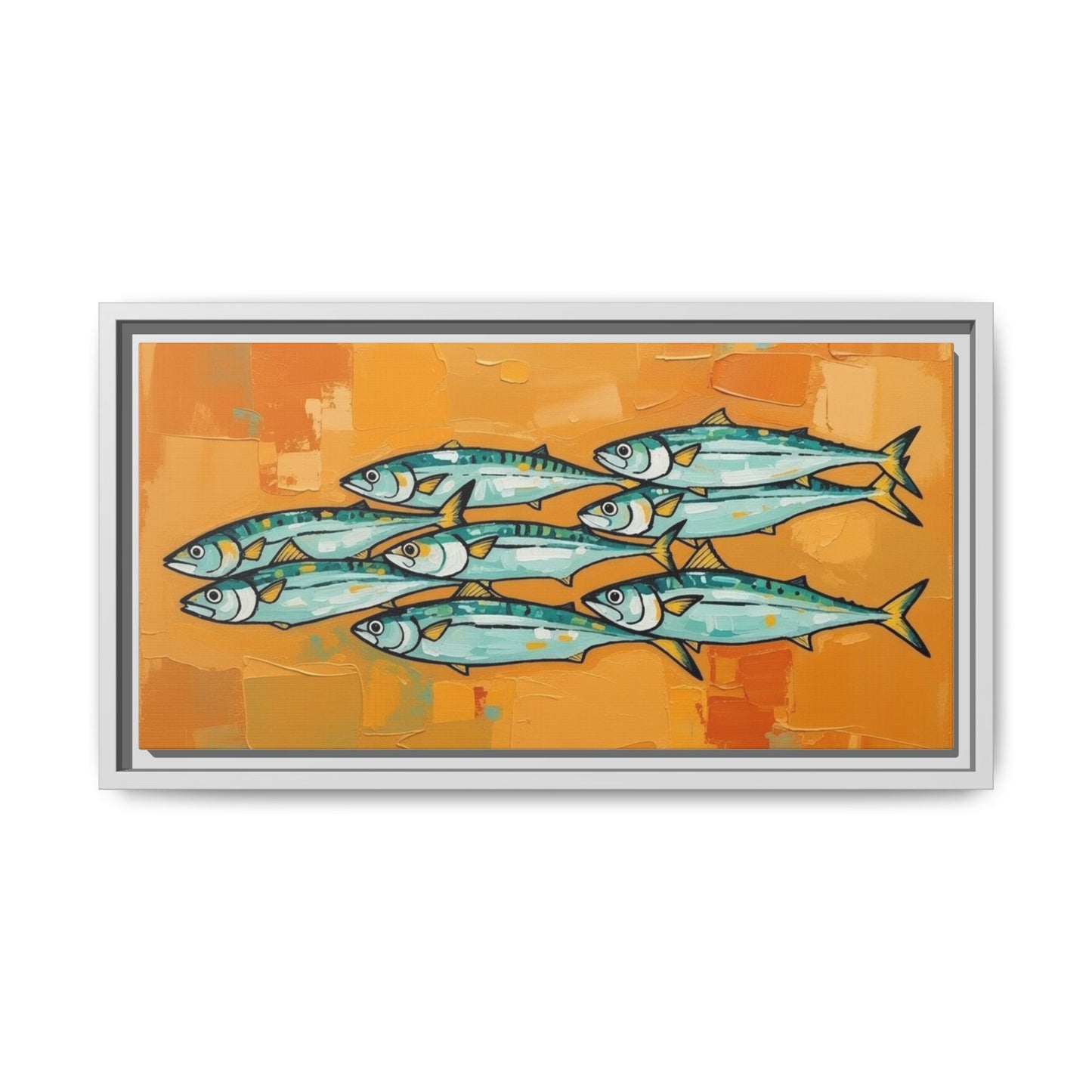 Framed Matte Canvas Print — School of Blue Fish on Orange Abstract Background
