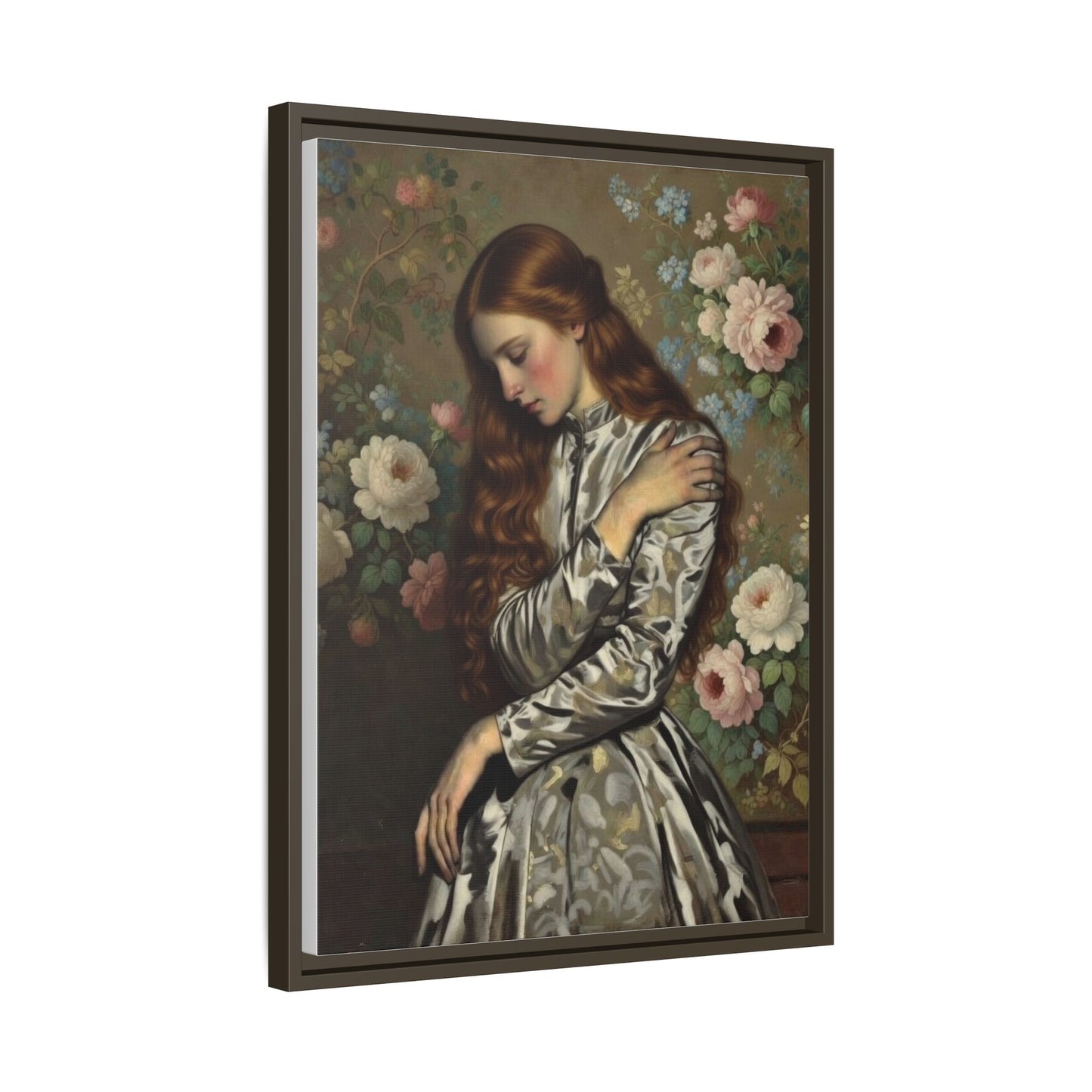 Framed Matte Canvas Art — Vintage Floral Portrait of a Young Woman