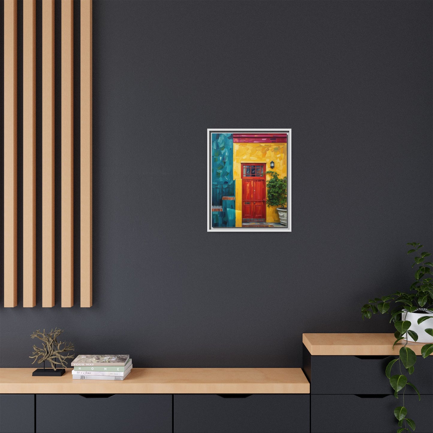 Framed Matte Canvas Wall Art — Colorful Red Door on Yellow Facade