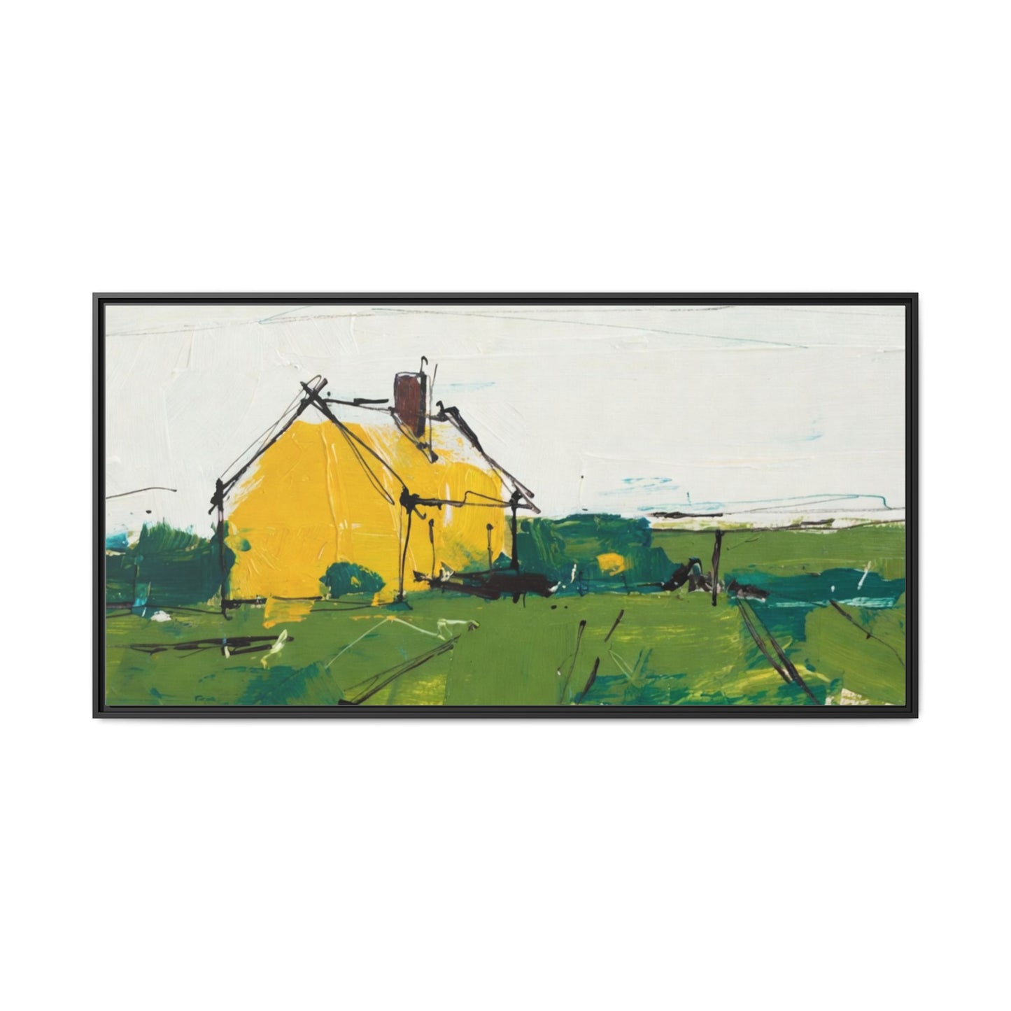 Yellow Cottage Landscape Framed Canvas Print