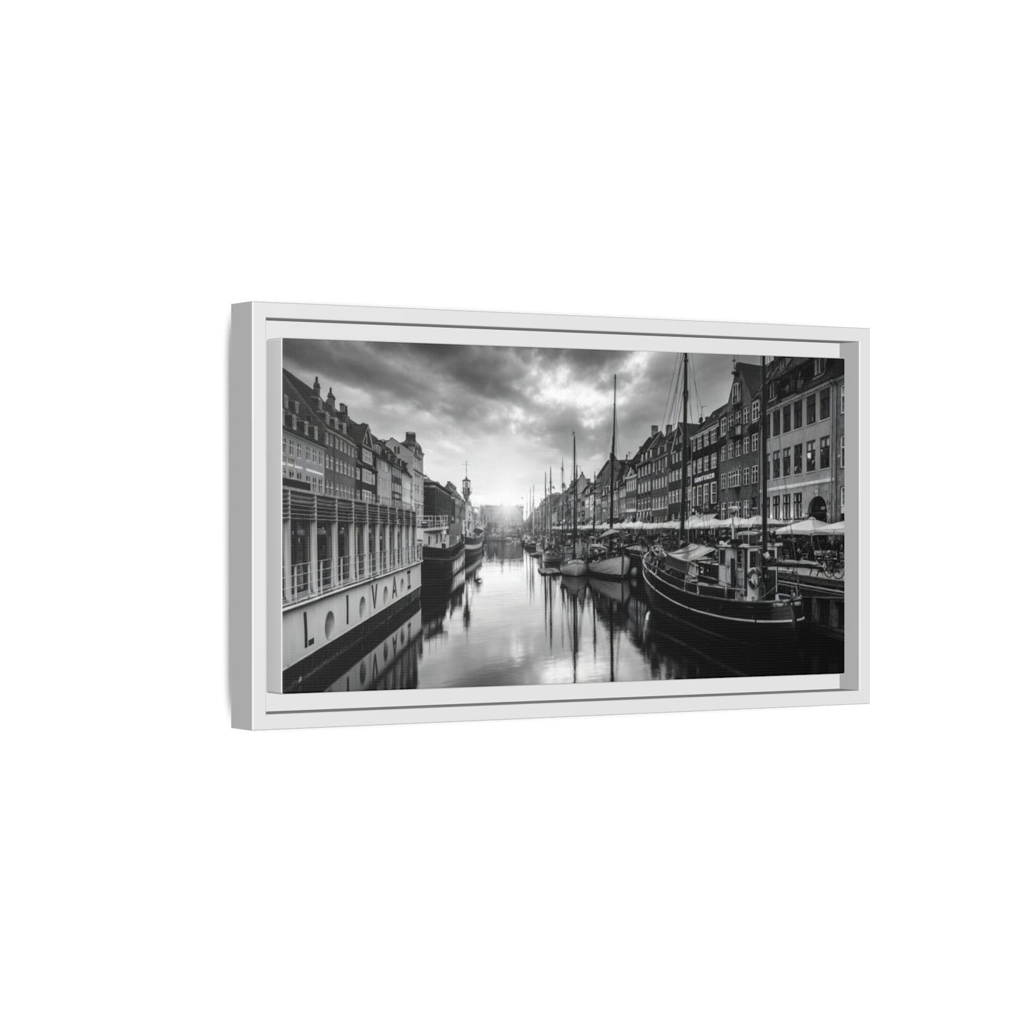 Framed Matte Canvas: Black & White Dutch Canal Photography Wall Art
