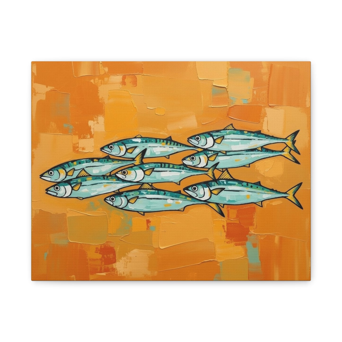 School of Mackerel Canvas Wall Art — Nautical Fish Painting on Orange Background