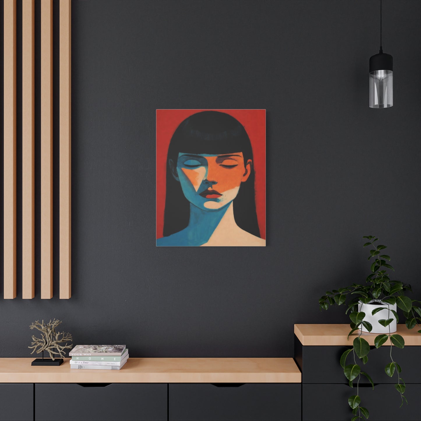 Portrait Canvas Wall Art — Modern Minimalist Woman in Red & Blue