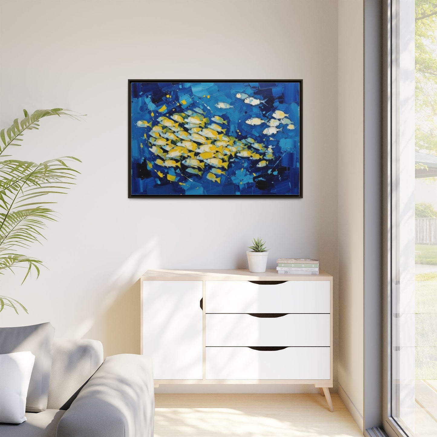 Framed Matte Canvas: Blue School of Fish Wall Art